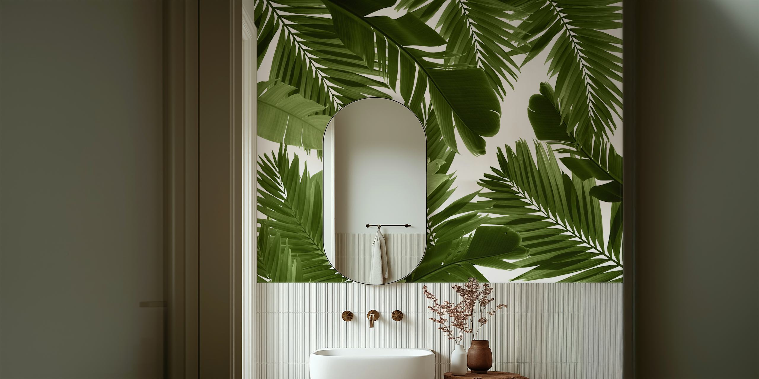 Tropical green palm leaves on a white background wallpaper