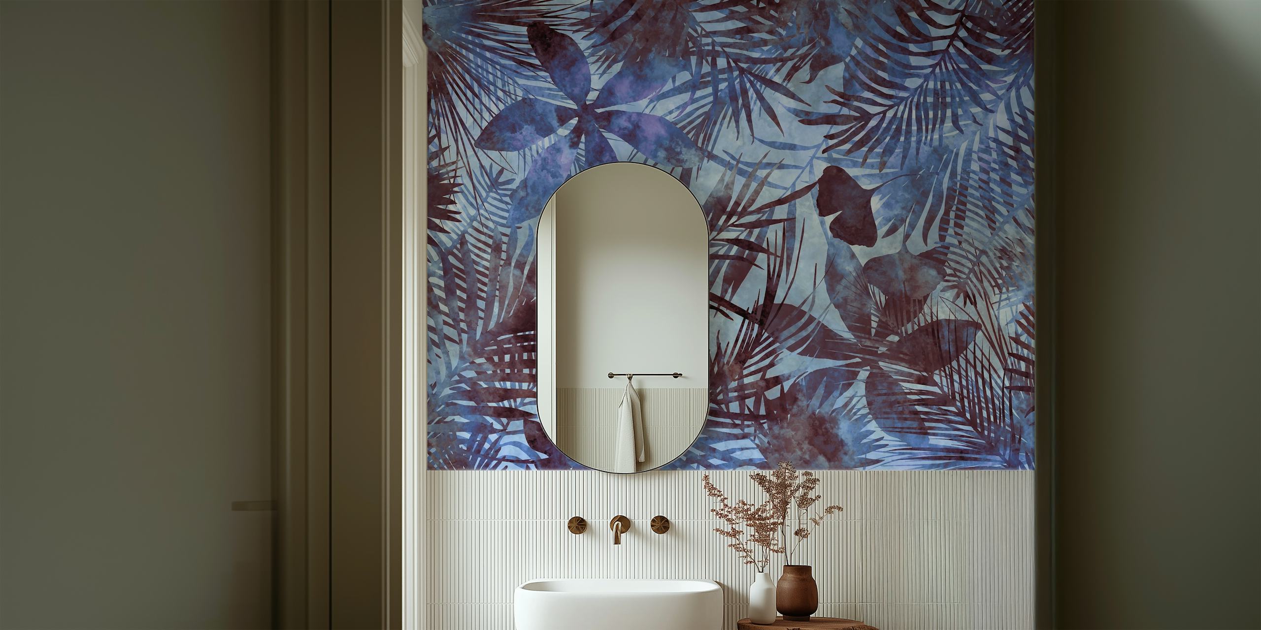 Blue tropical jungle wallpaper with large foliage and floral patterns