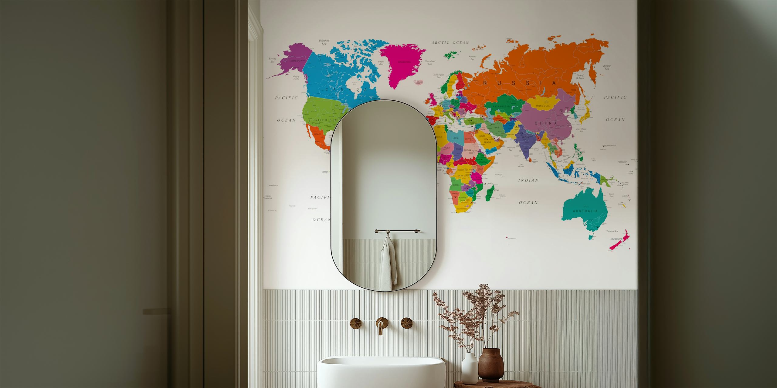 Vibrant colored world map wallpaper for classrooms and kids' rooms