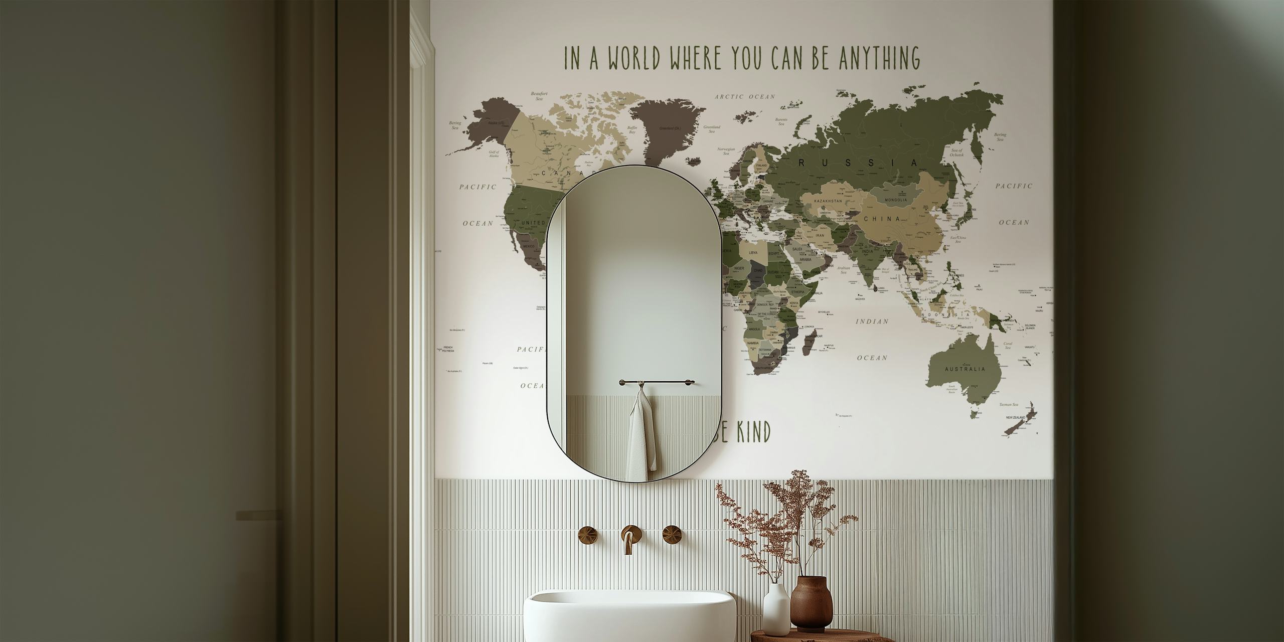 Be Kind World Map tapet i et stilrent rom