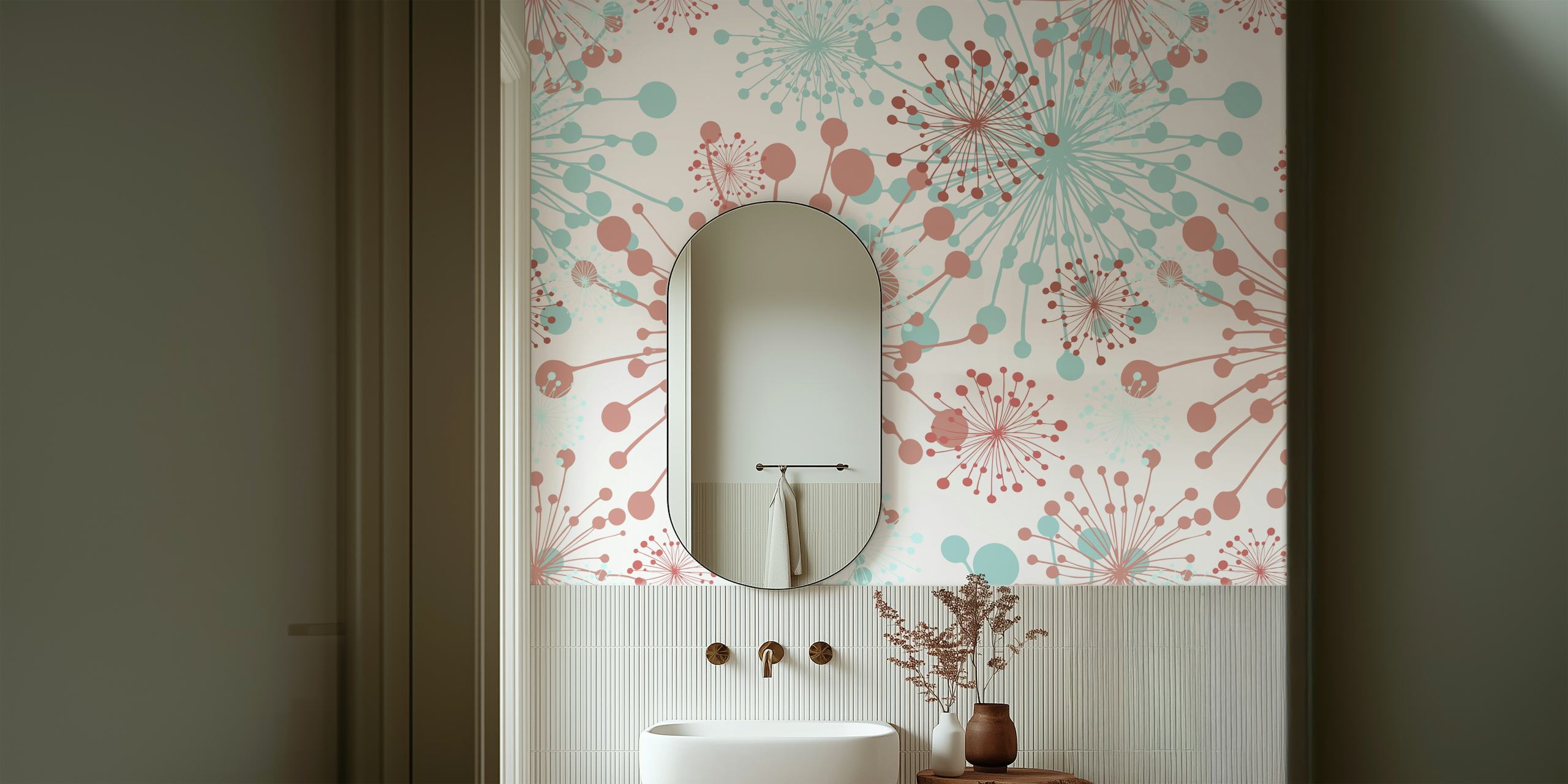 White wallpaper with mint and blush dandelion pattern