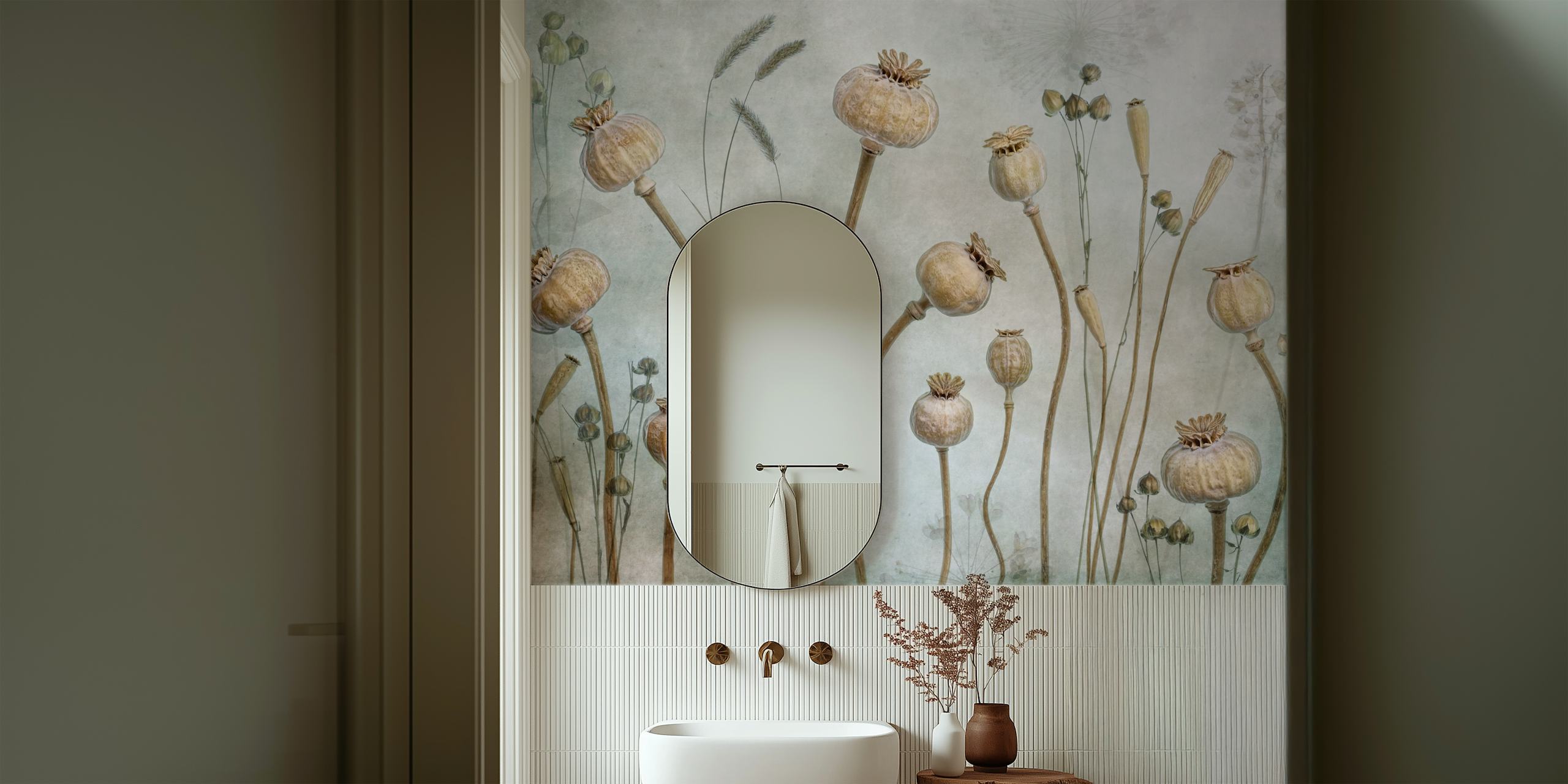 Floral poppy wallpaper in beige and green tones