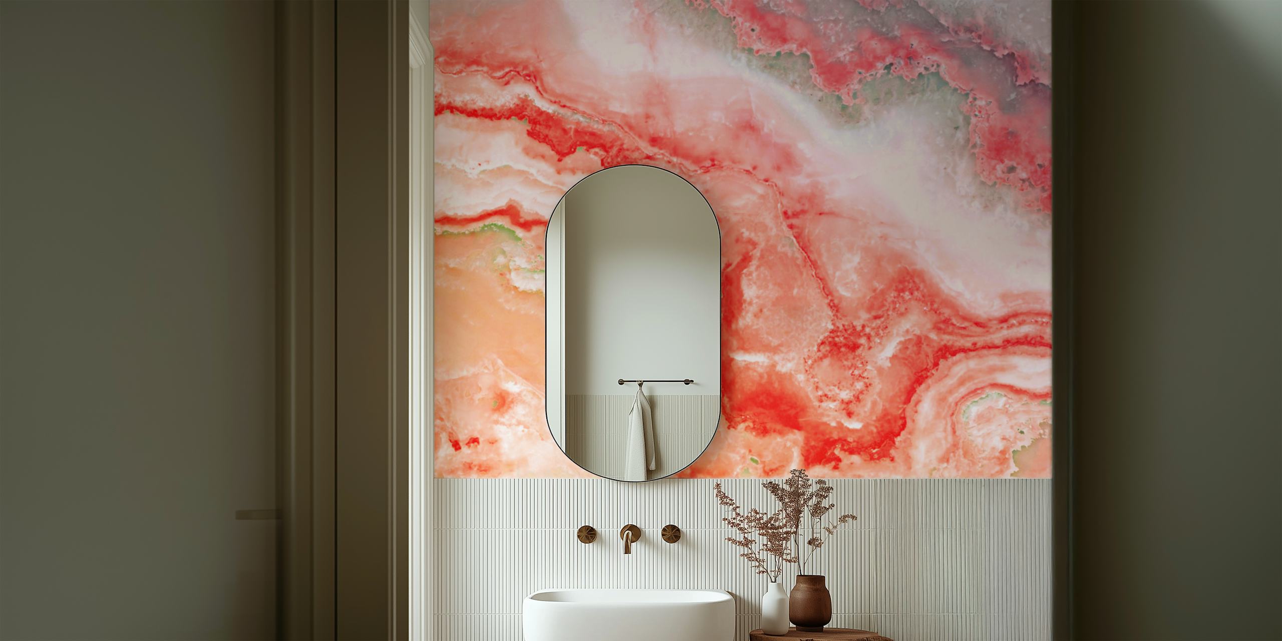 Blush marble wallpaper featuring pink and white swirls in a fluid design