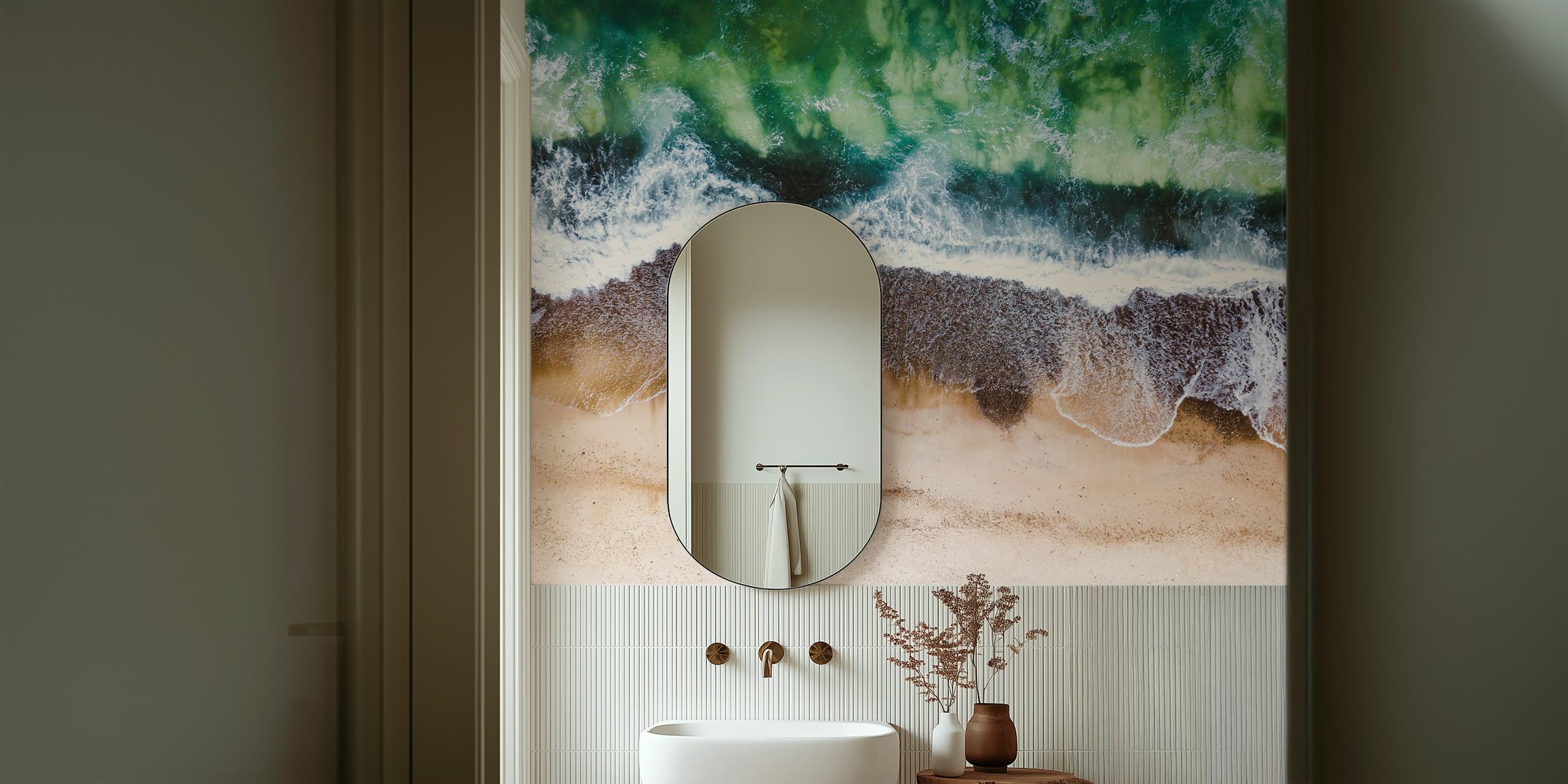 Aerial beach view wallpaper in a room
