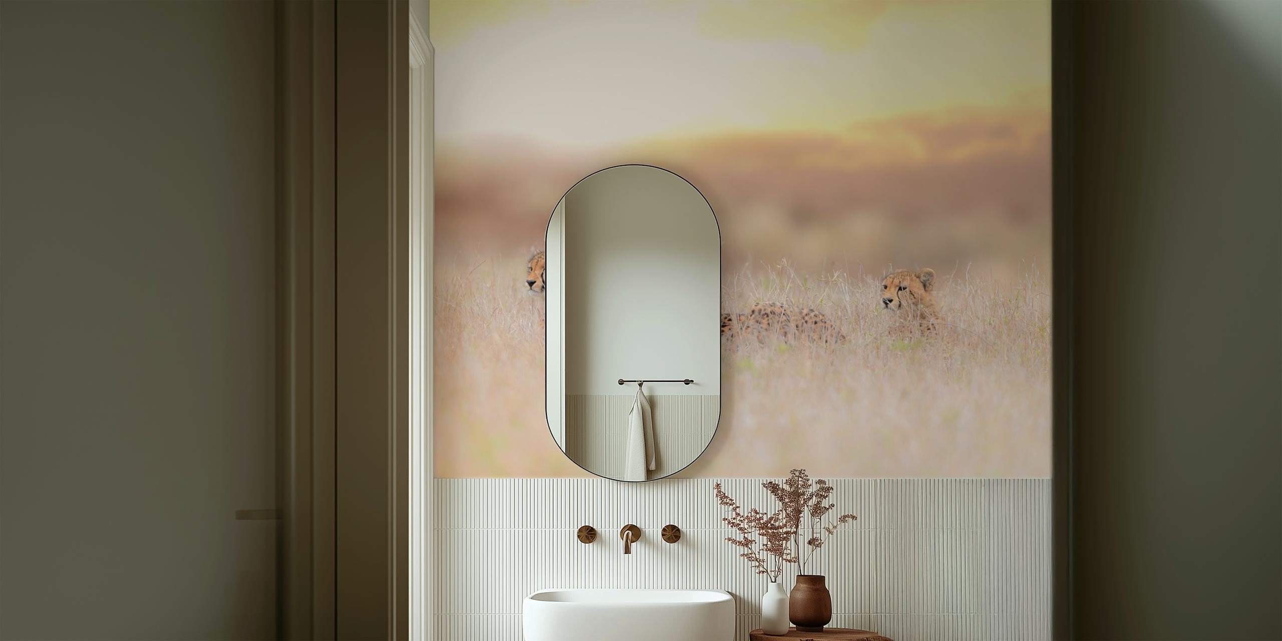 Cheetah mother and cubs wall mural in golden savannah grass