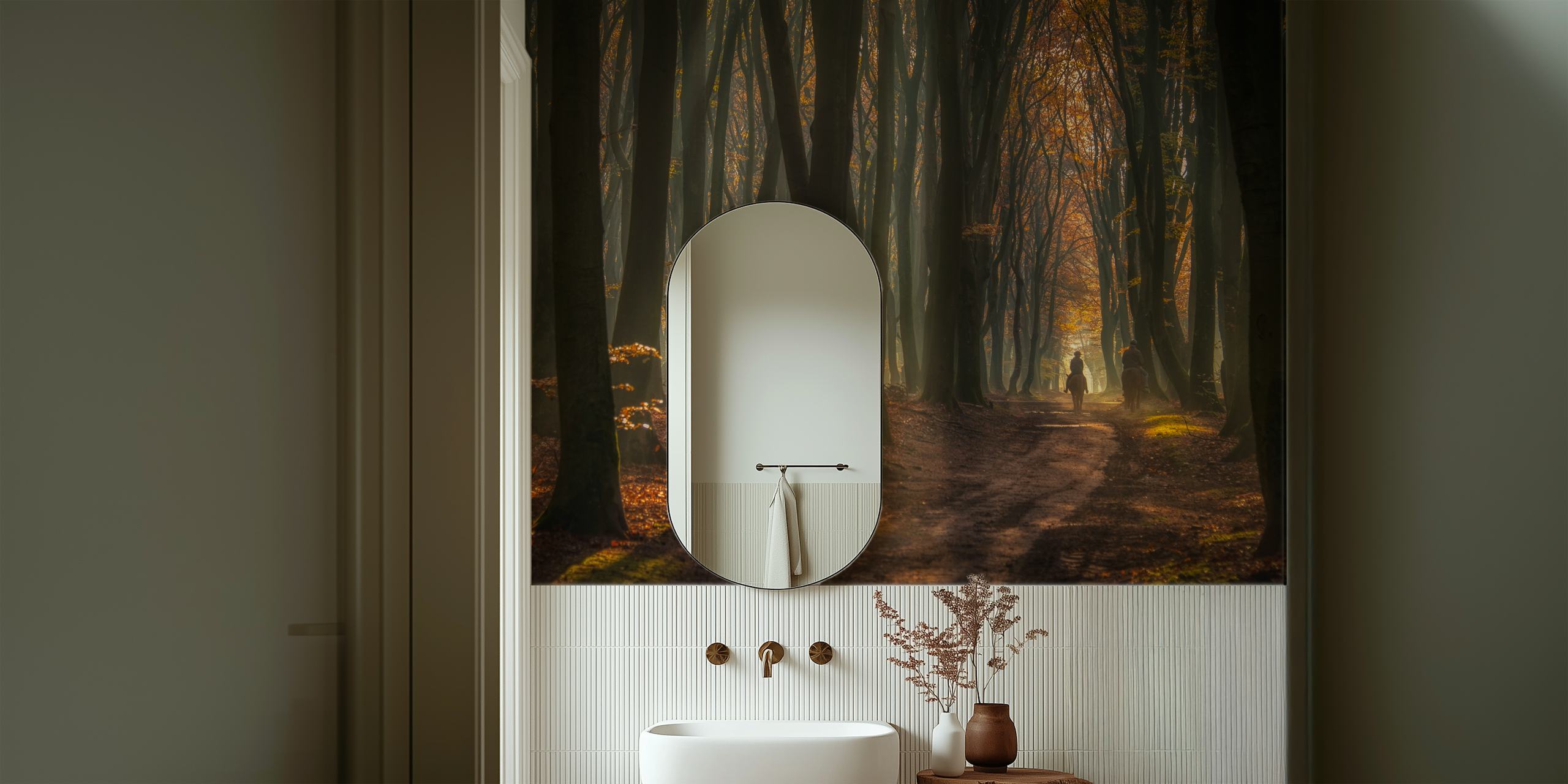 Forest pathway with autumn foliage and distant figures wallpaper