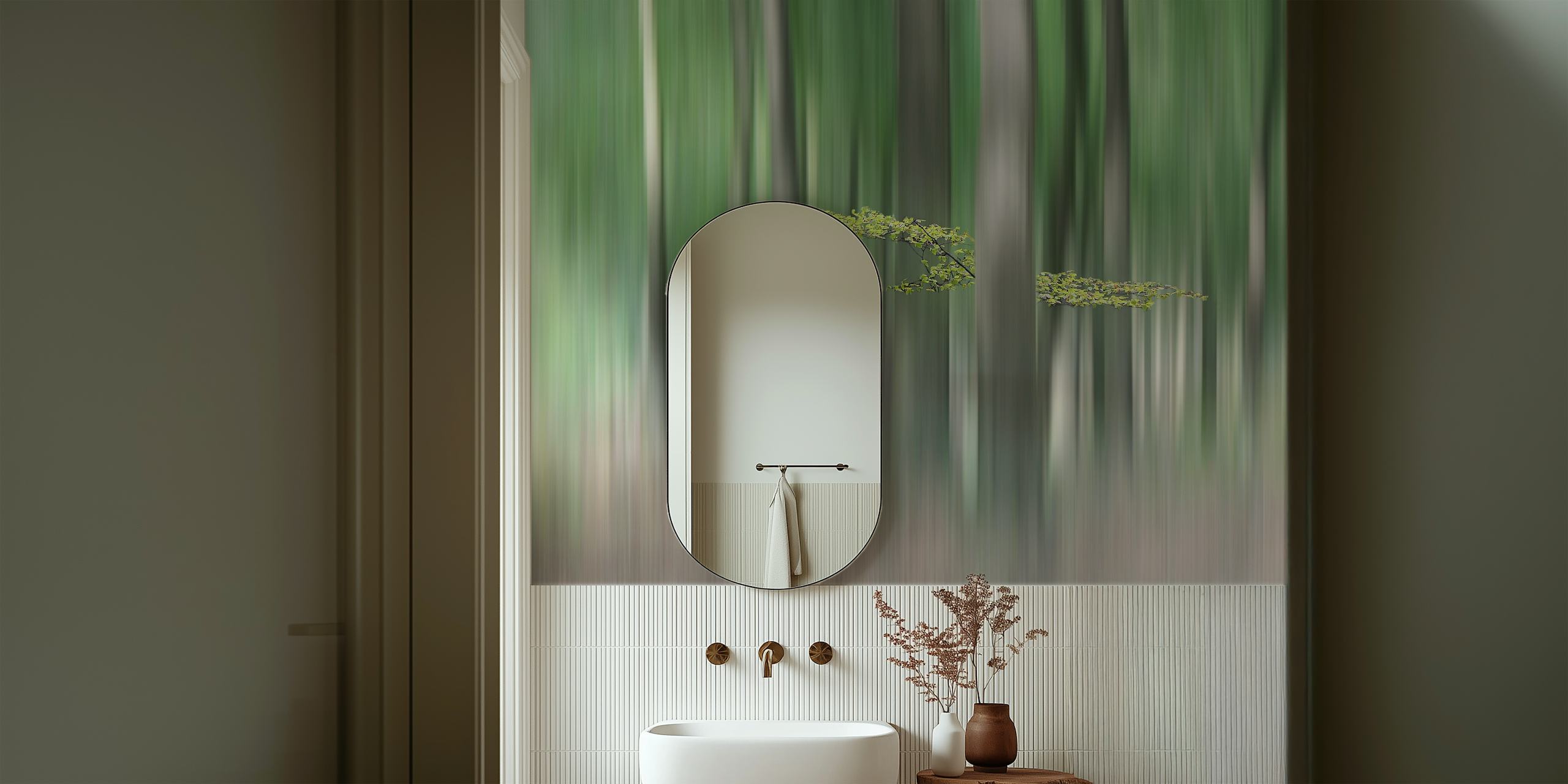 Blurred forest scene wall mural with sunlit greenery