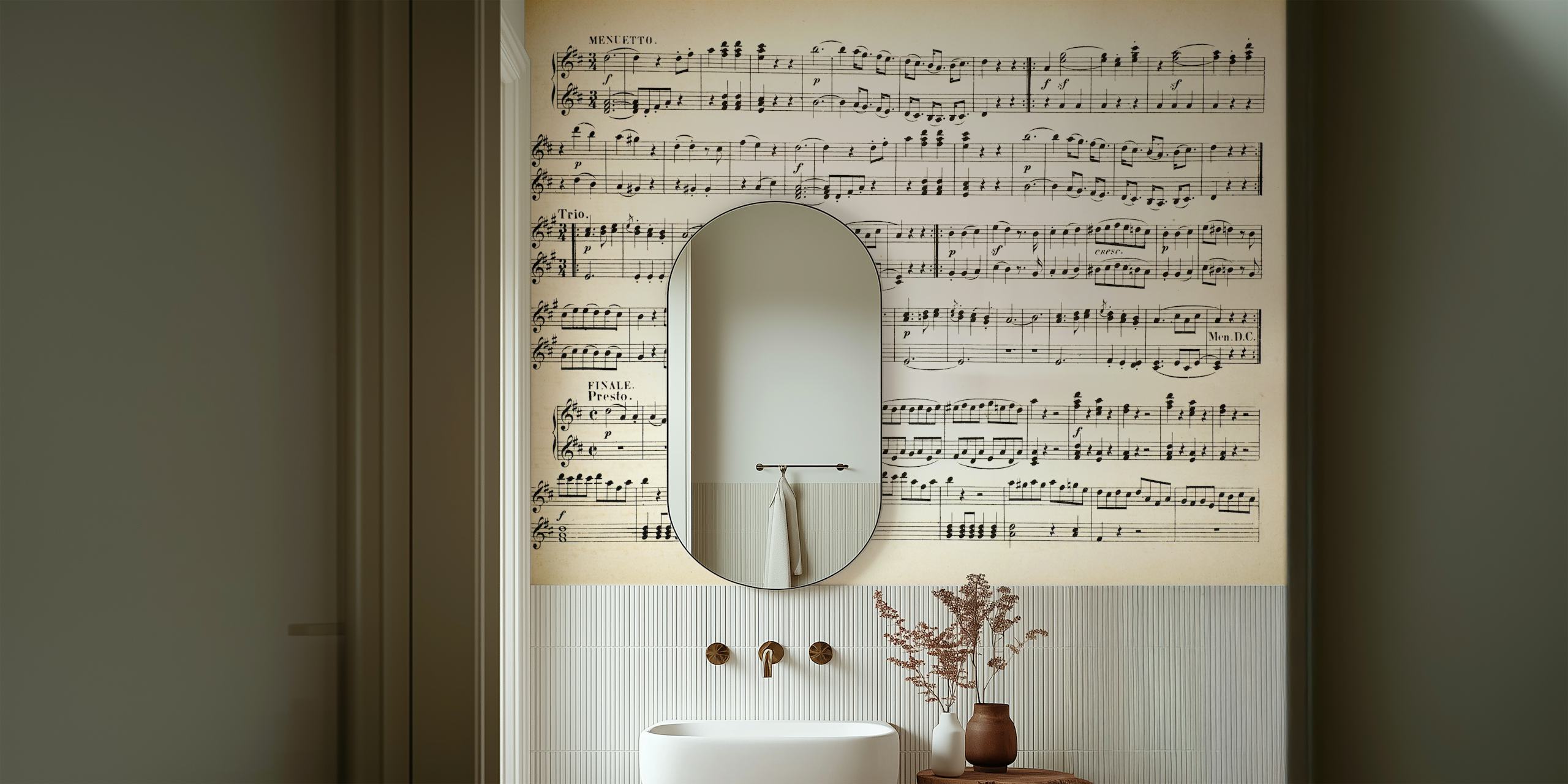 Vintage sheet music design in black and white wallpaper