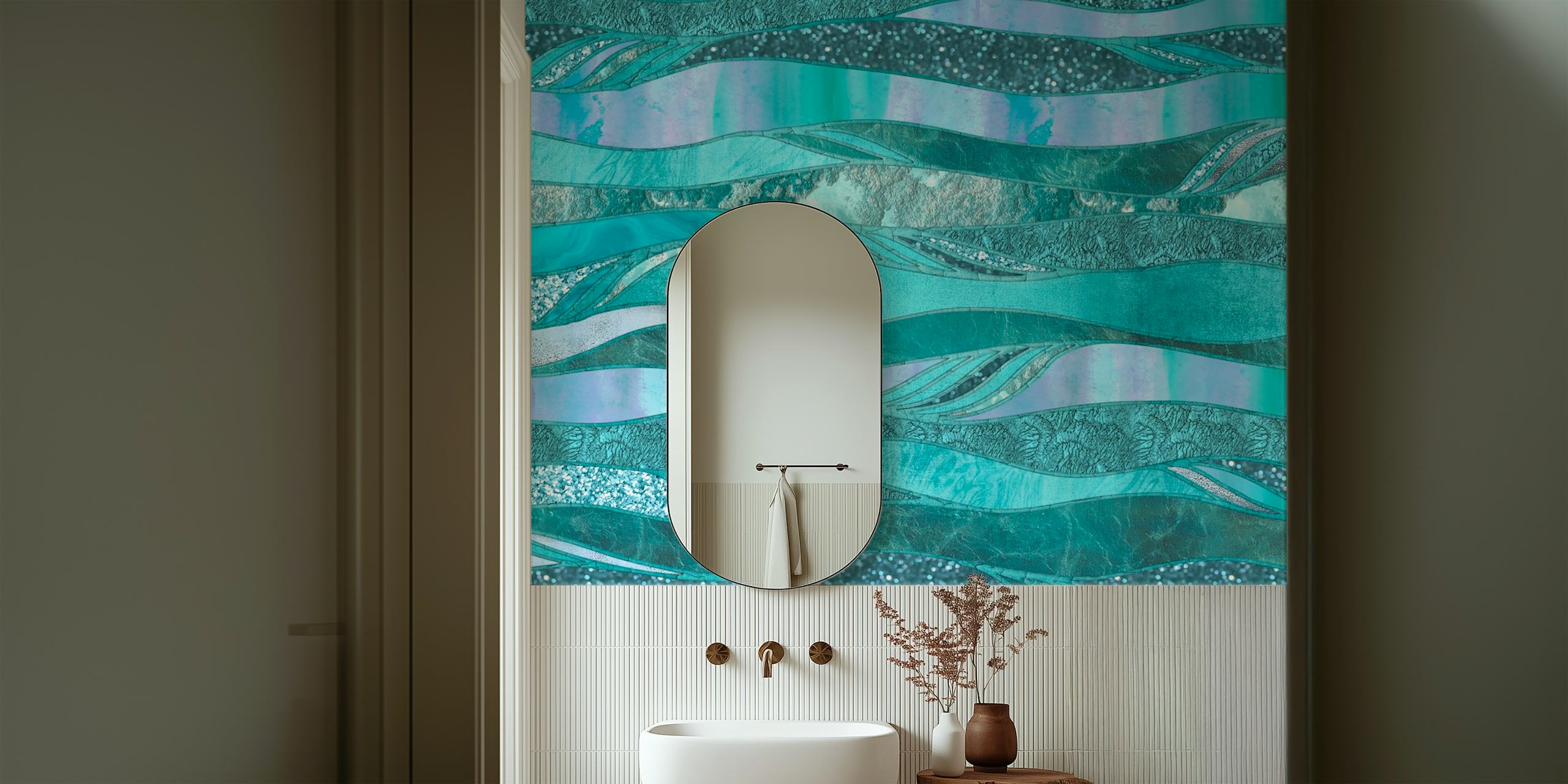 Elegant aqua- och krickafärgad tapet med en skimrande glamorös design