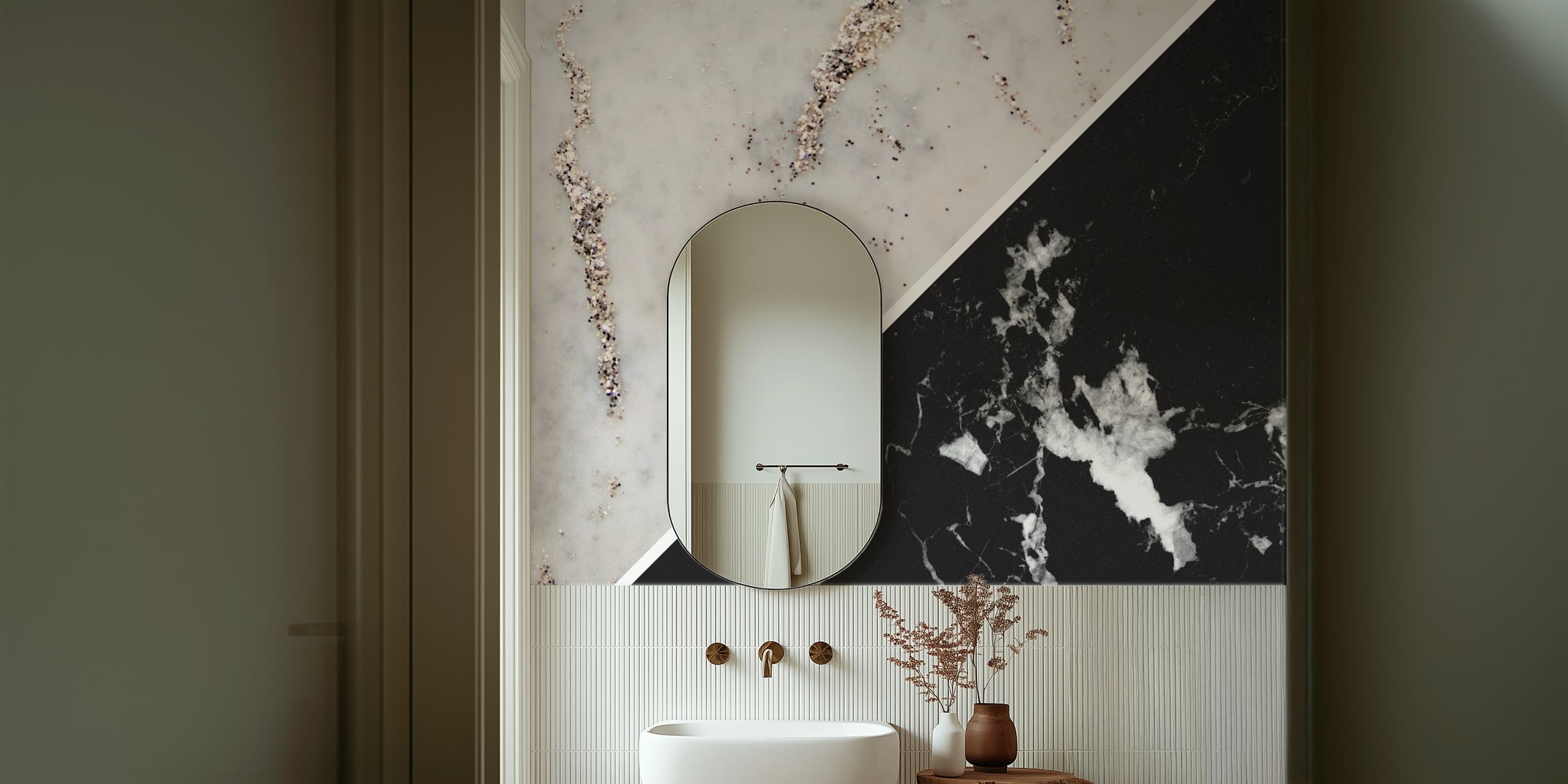 Τοιχογραφία τοίχου με White Marble και Black Marble με περίπλοκες λεπτομέρειες χρυσών φλεβών