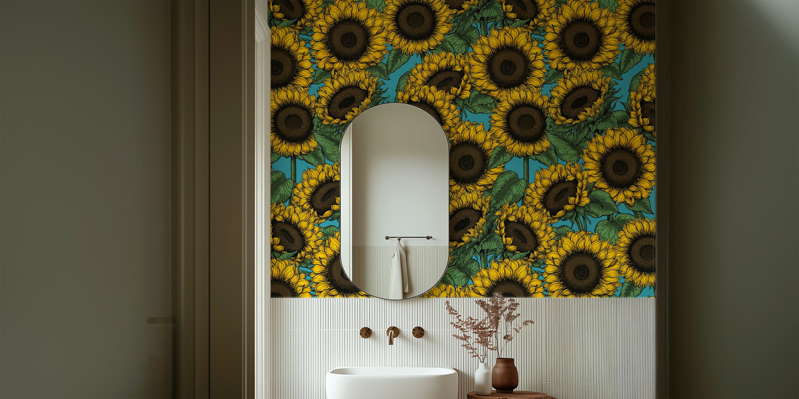 Vibrante carta da parati con girasole con uno sfondo ricco e contrastante, perfetto per aggiungere un tocco floreale a qualsiasi stanza.