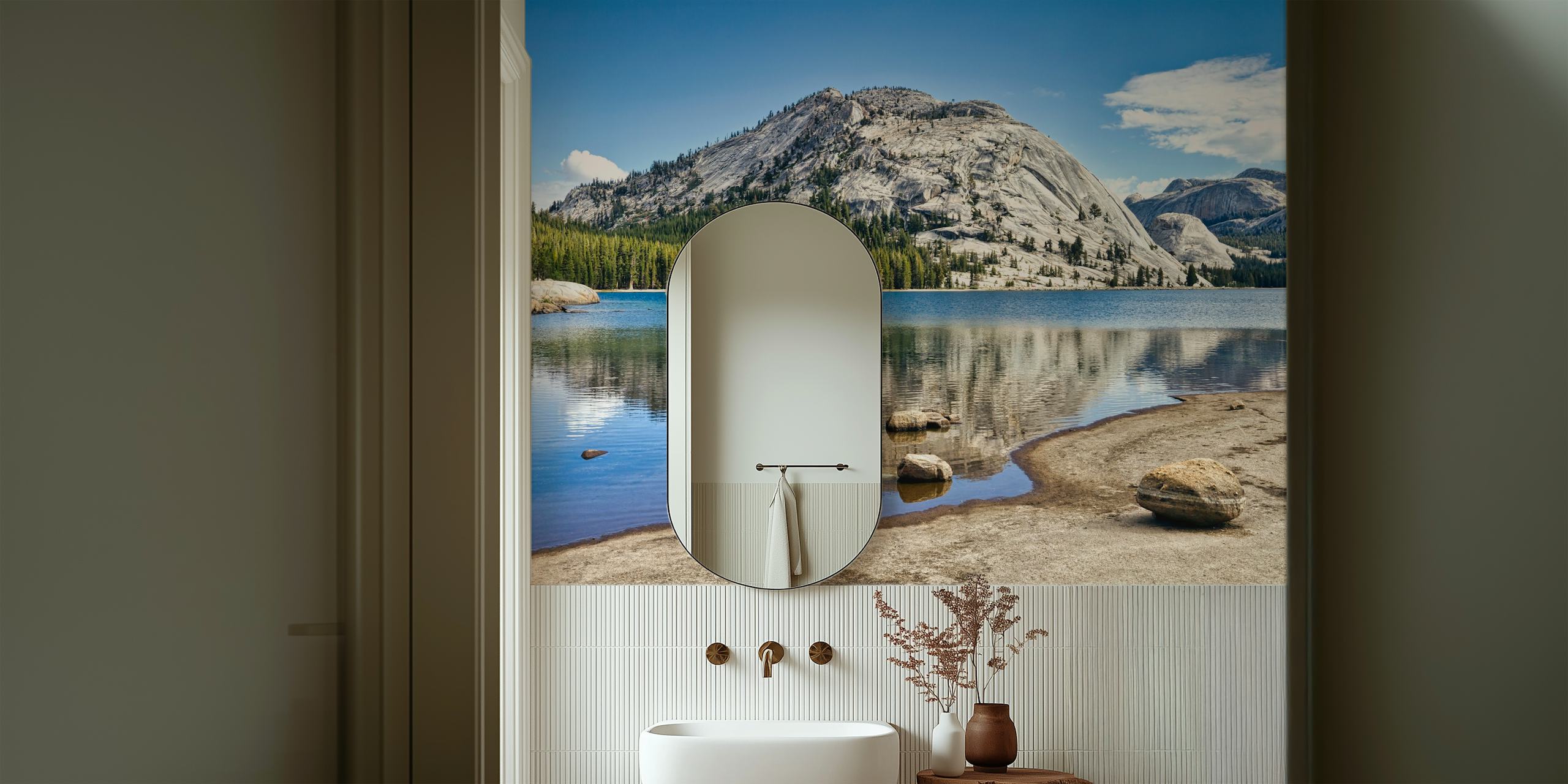 Scenic view of Yosemite Lake with mountains and trees wallpaper