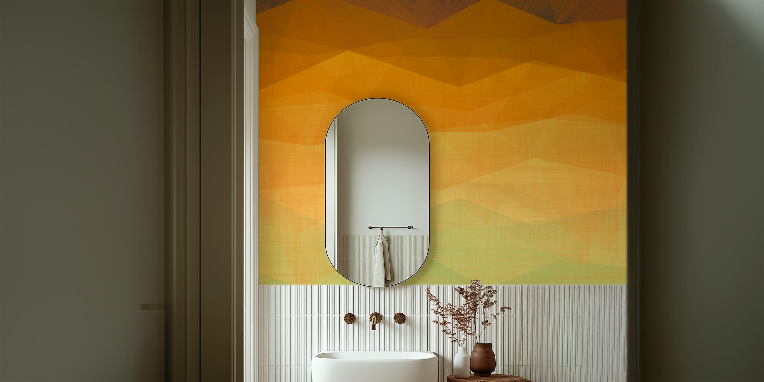 Geometric layers of orange and mint green wallpaper