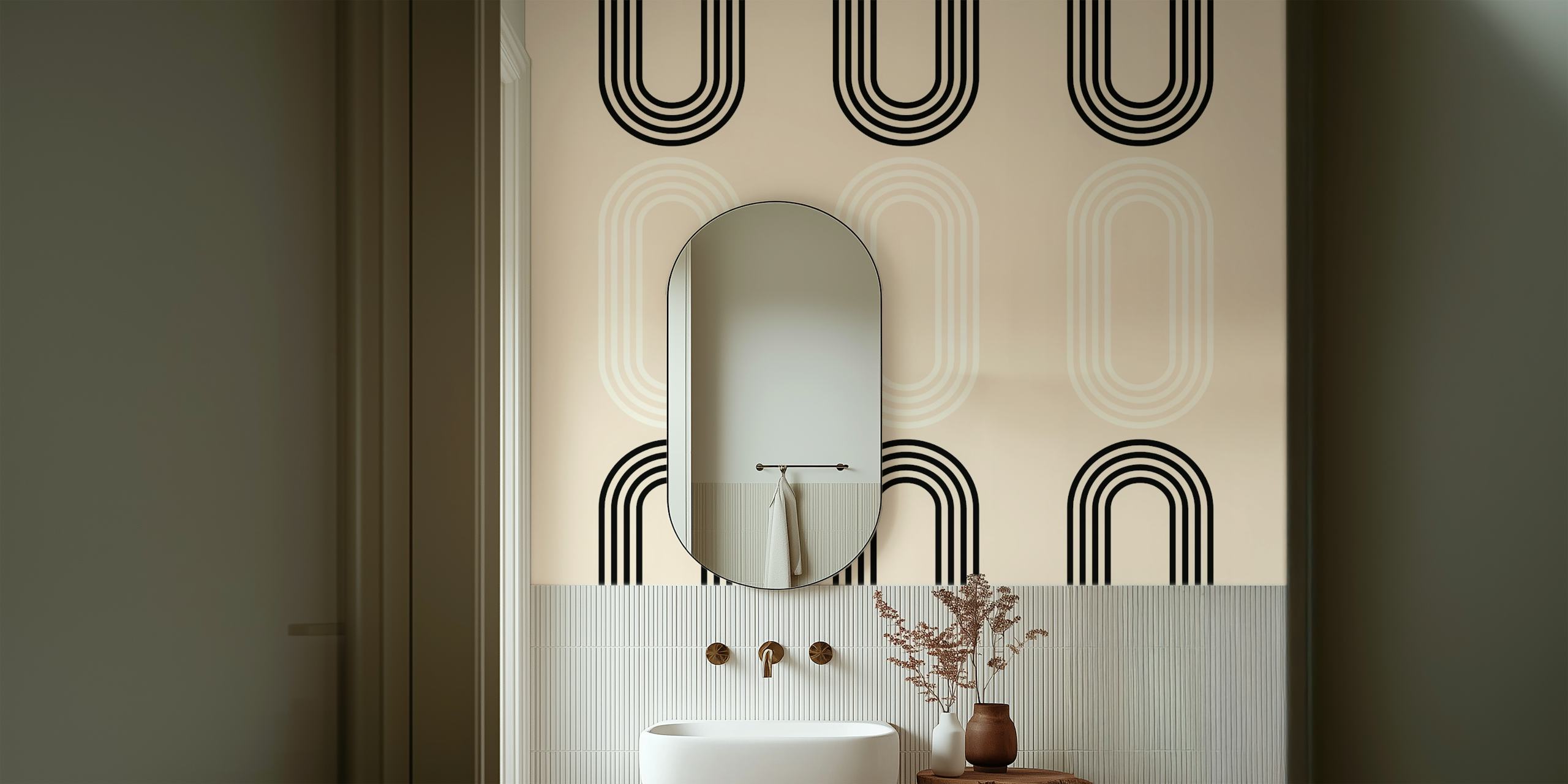 Geometric black and white curved pattern wallpaper