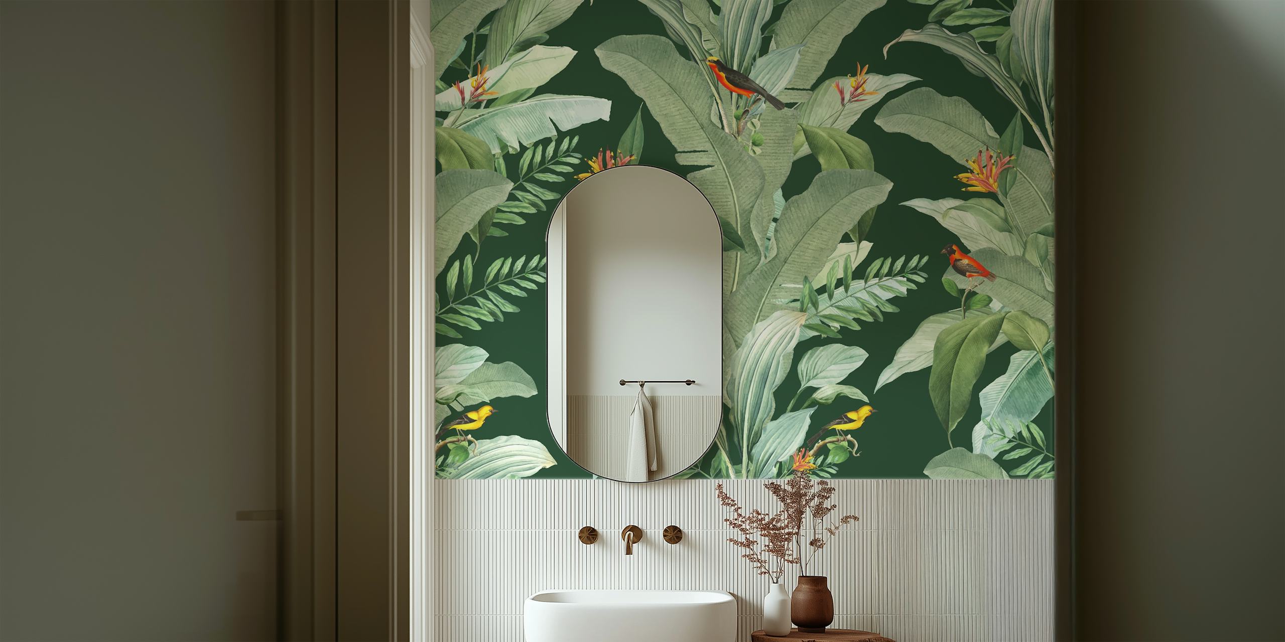 Papier peint mural de feuilles et d'oiseaux tropicaux avec une palette de couleurs vertes