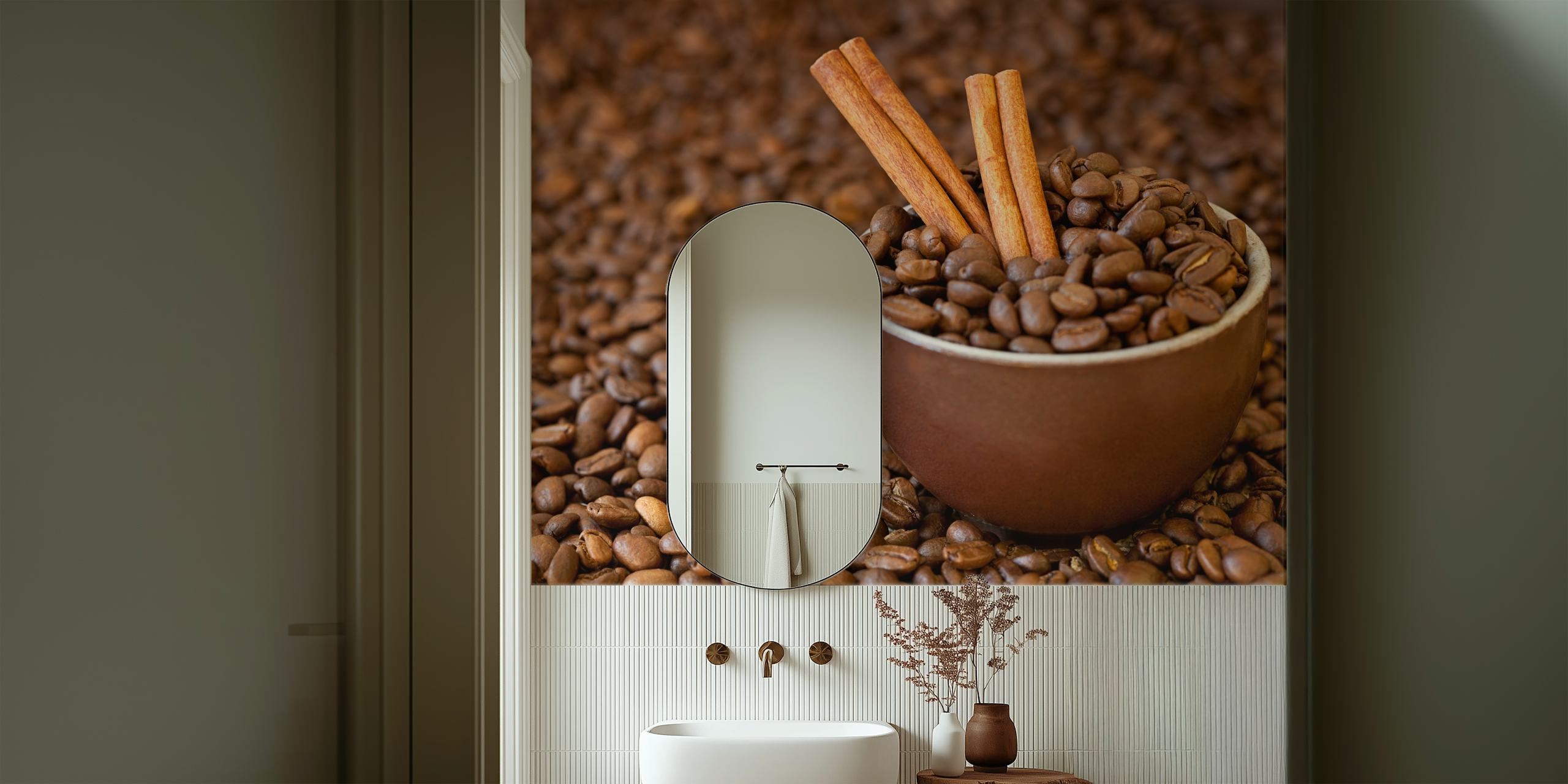 Coffee beans and cinnamon sticks in a bowl wallpaper