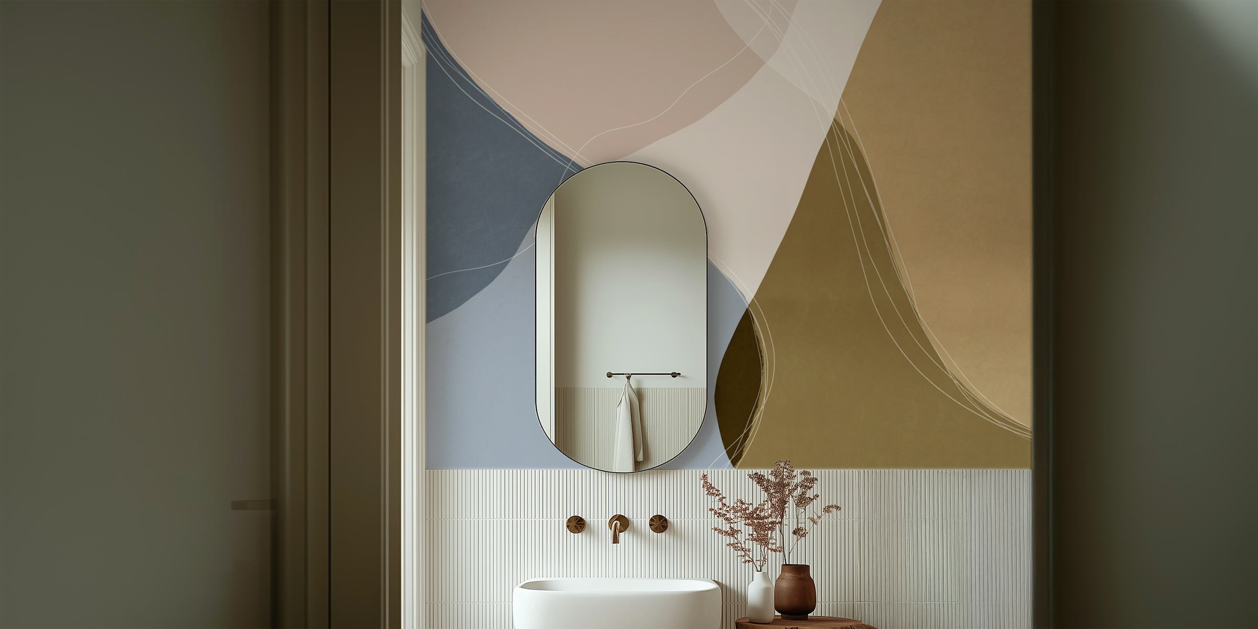 Modern abstract geometric wall mural in blue, pink, and neutral tones