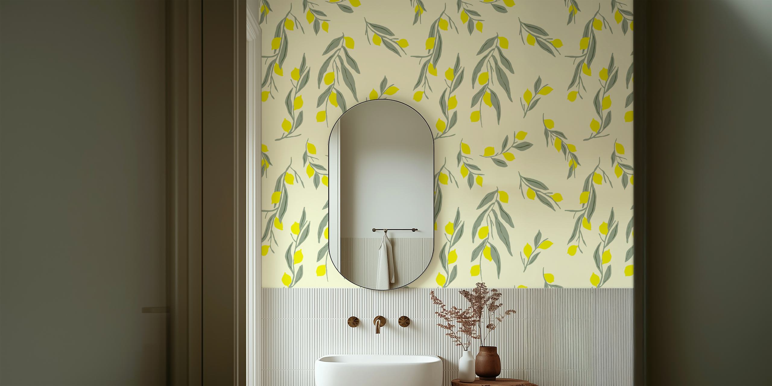 Papier peint mural sticker citrons jaunes et feuilles vertes
