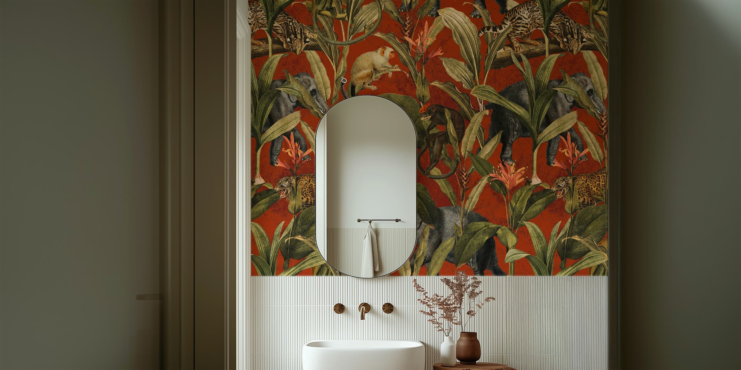 Jungle Wallpaper with wild animals and tropical plants