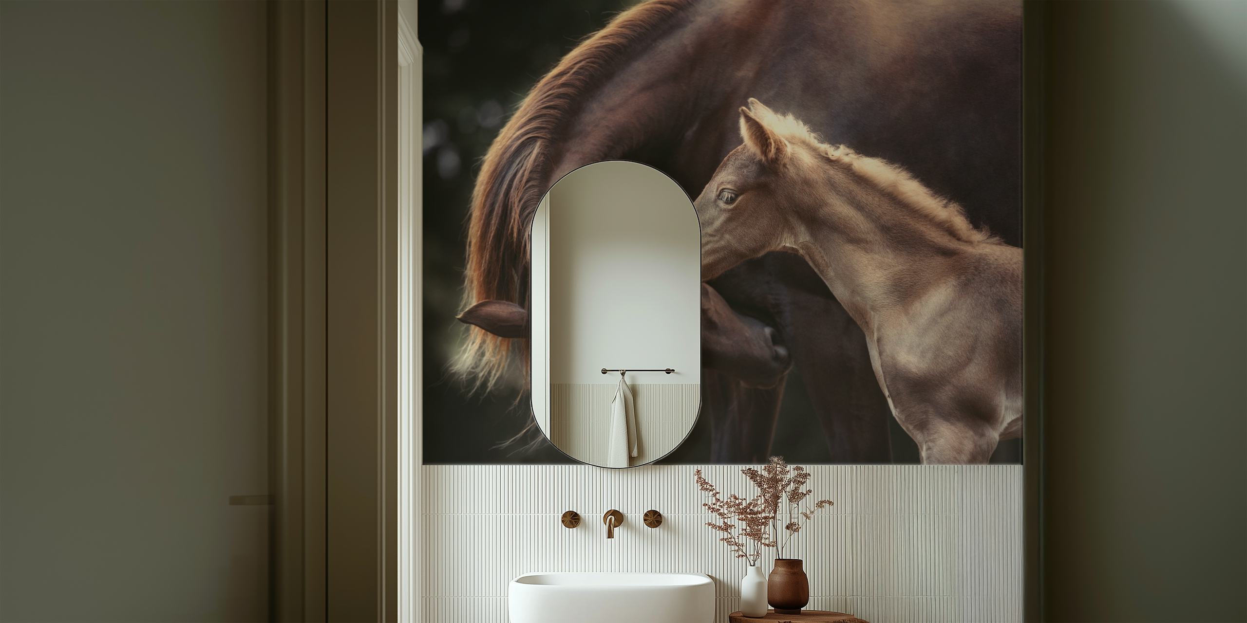Mare and foal sharing a gentle moment in The Bond wall mural