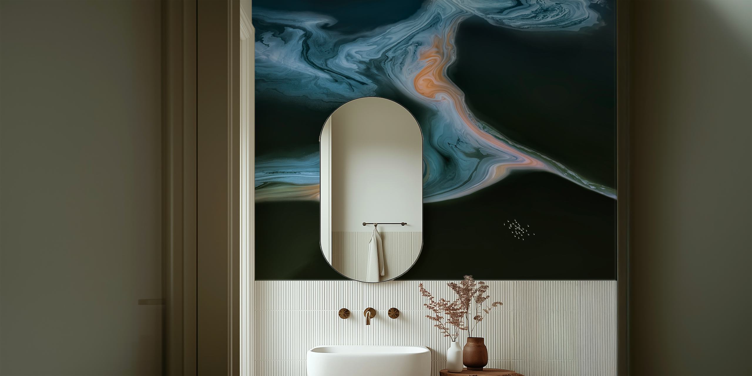 Colorful swirling abstract water pattern wallpaper with blues, oranges, and dark shades