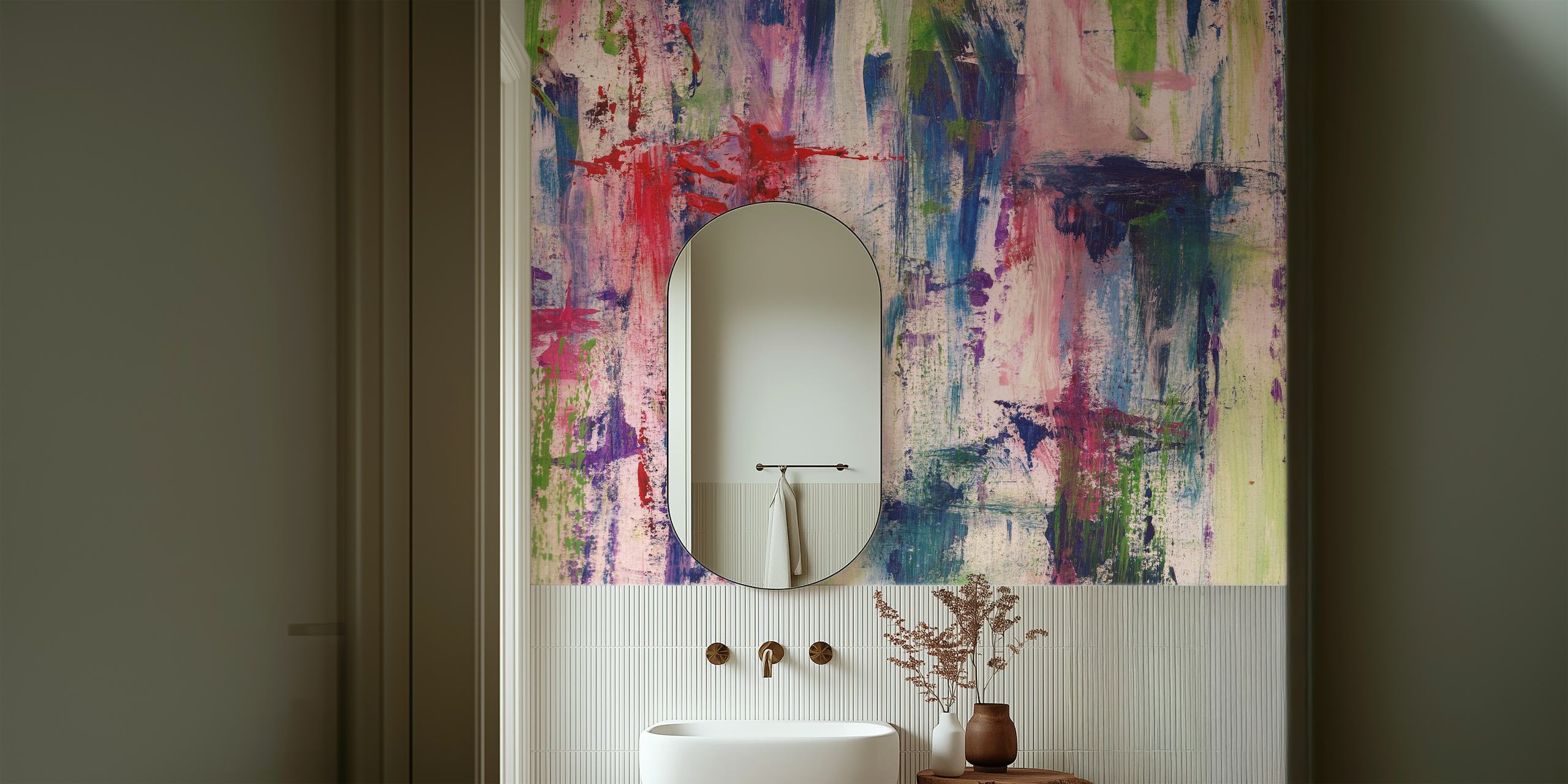 Abstract wall mural with a blend of red, green, and pastel brush strokes