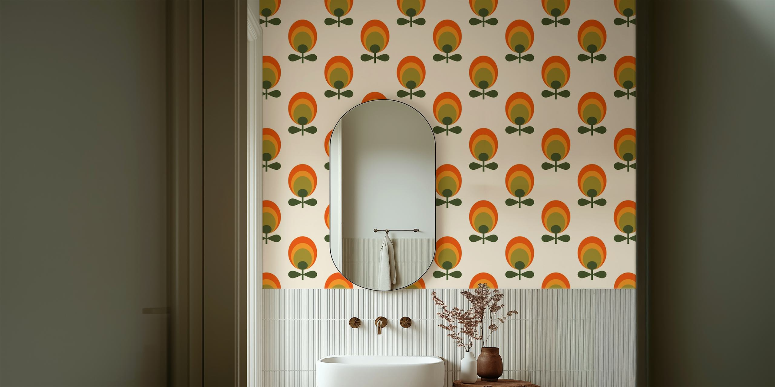 Colorful retro flower pattern in orange and green wallpaper