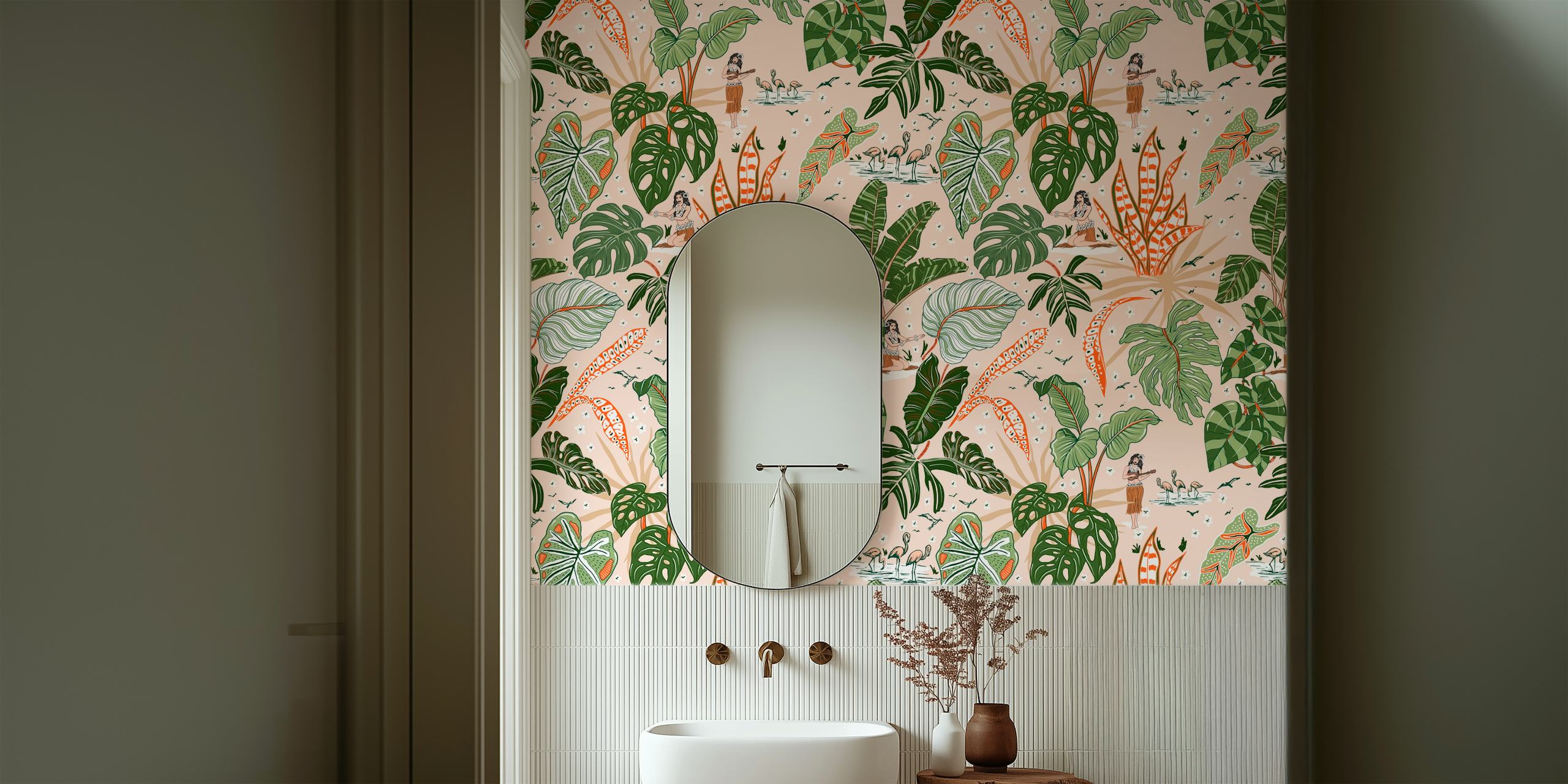 Tropical leaves in green and peach tones wallpaper