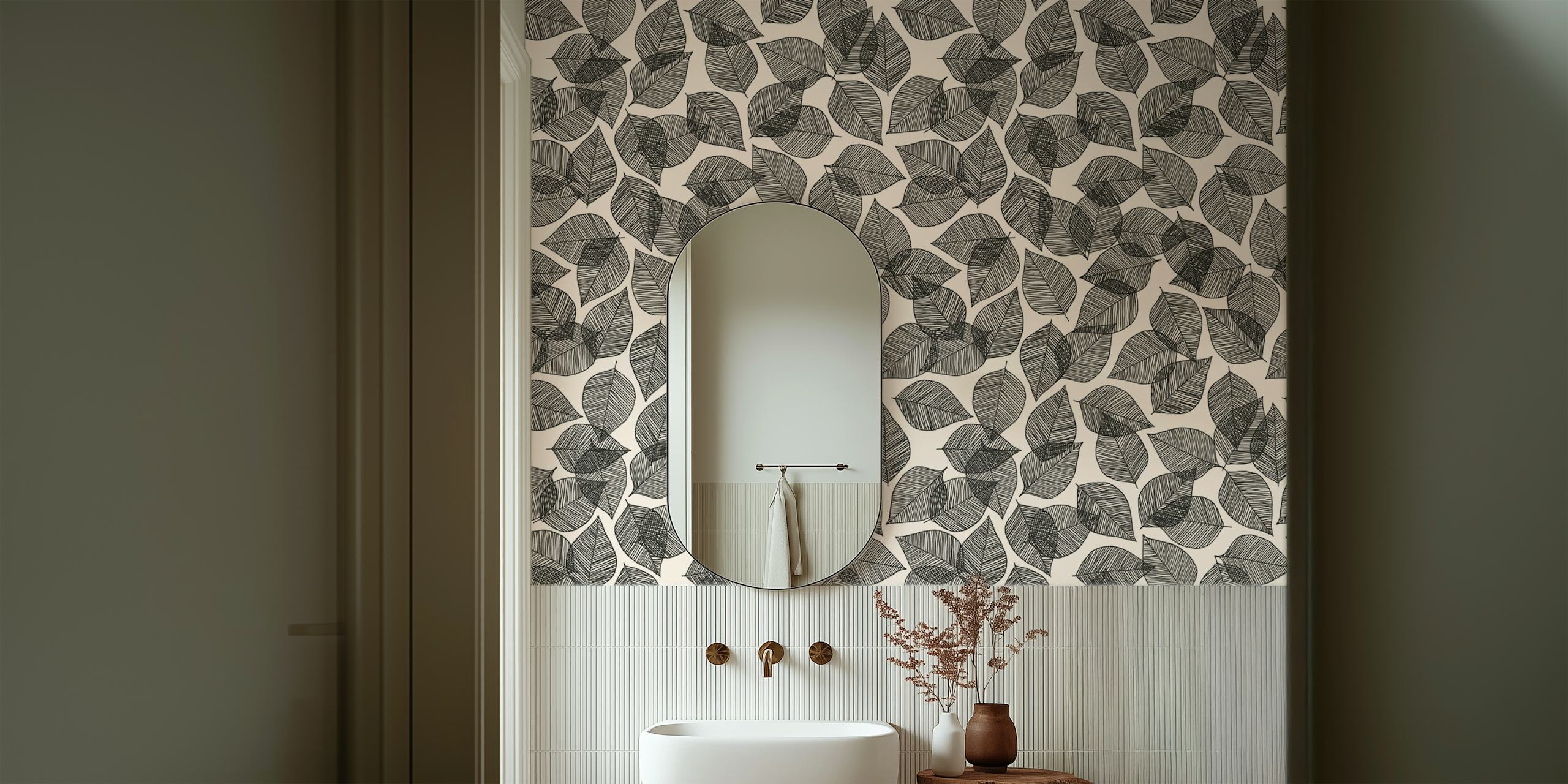 Hand-drawn black leaves on a cream background wallpaper