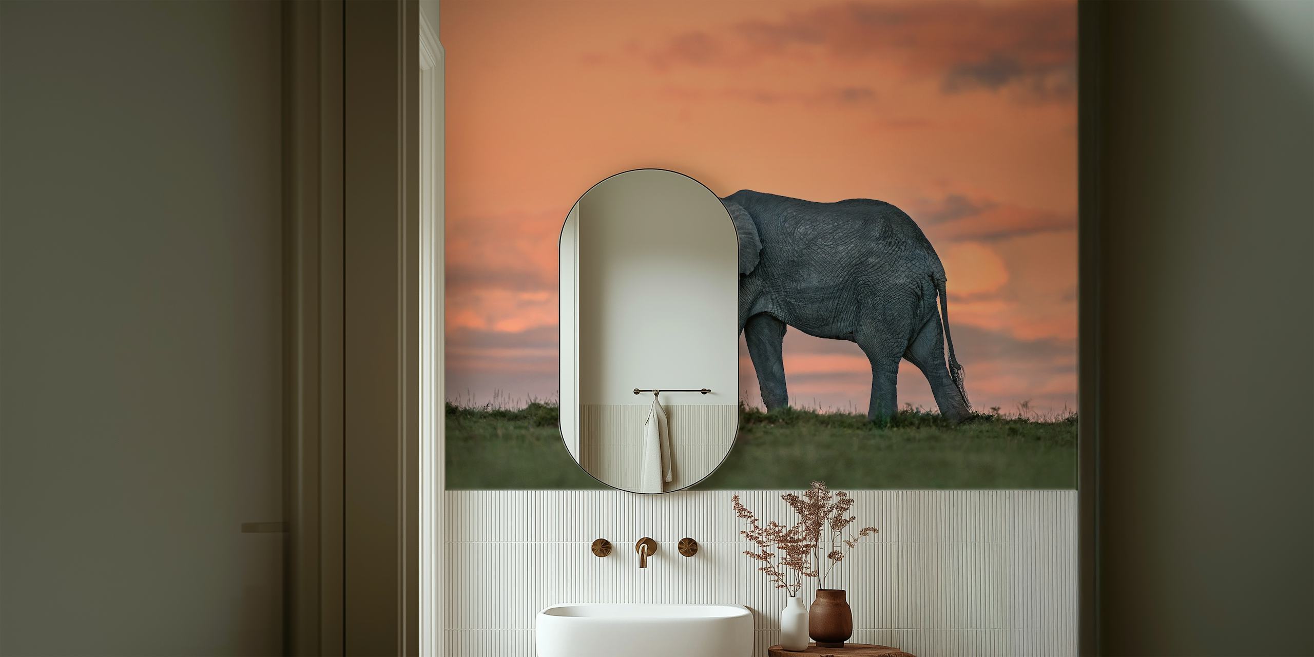 Elephant silhouette against a dusk sky with soft pink hues wallpaper