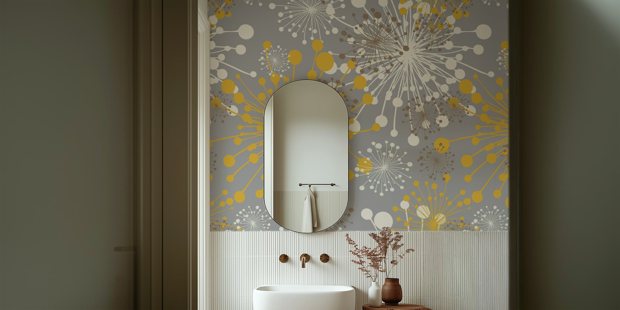 Floral pattern featuring yellow and white dandelions on grey background wallpaper