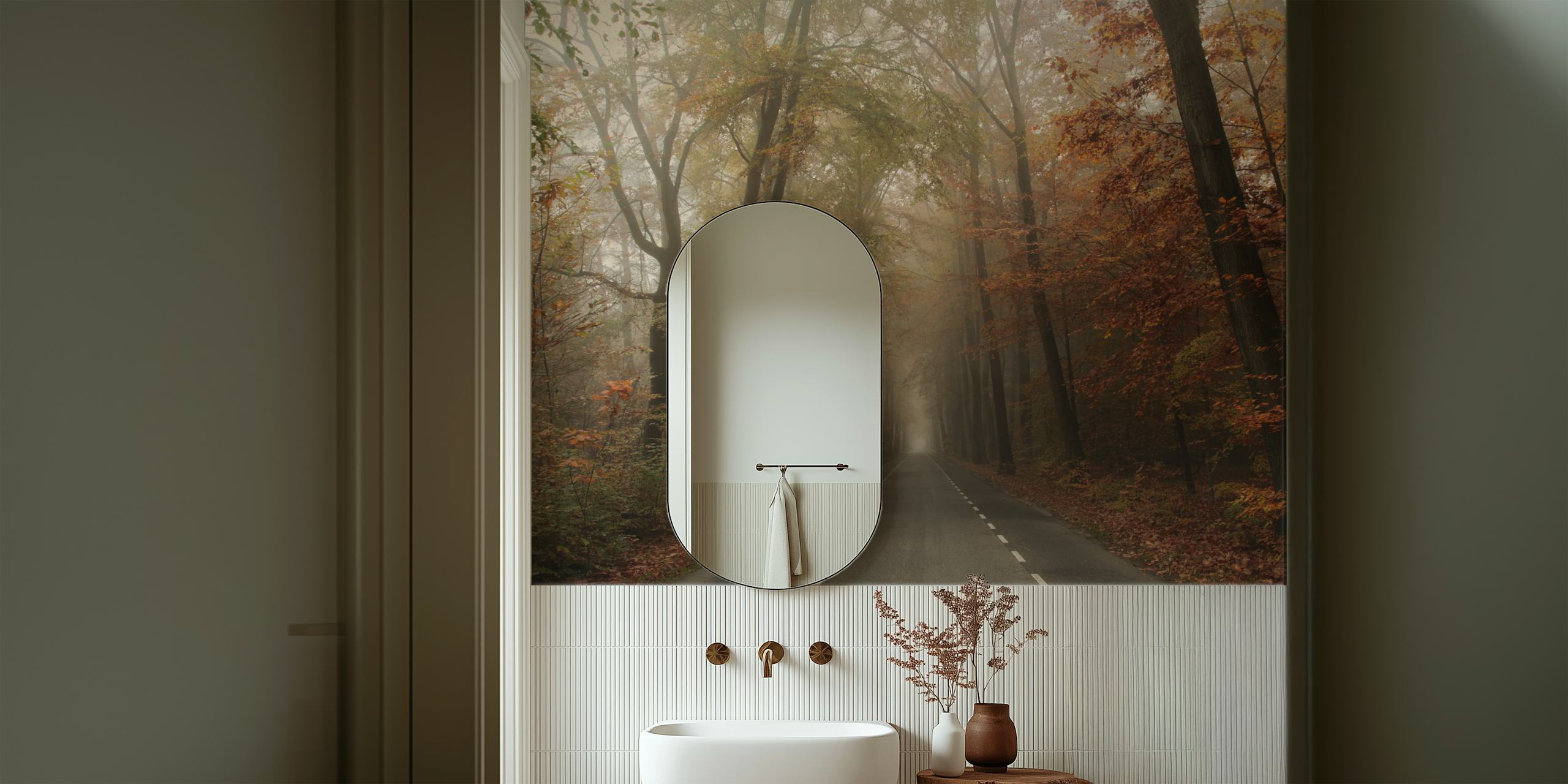 Autumn forest scene with mist and trees in shades of brown and gold wallpaper