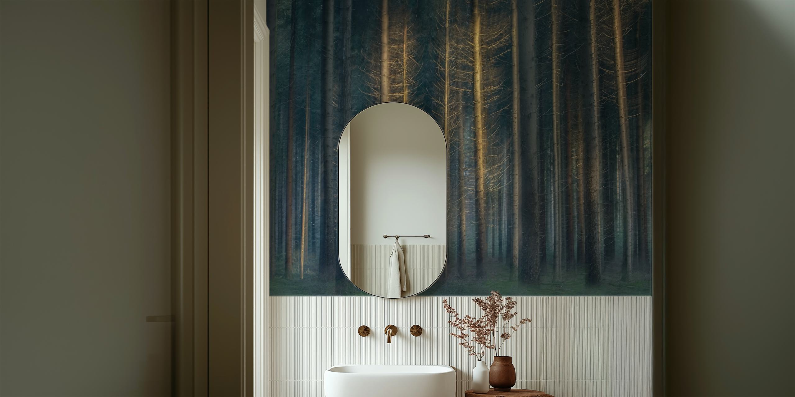 Tall trees in a forest with soft light, dark green tones wallpaper