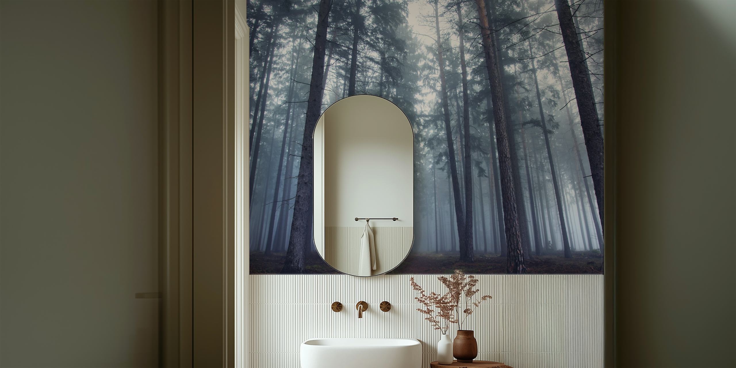 Foggy forest with tall trees and misty atmosphere wallpaper