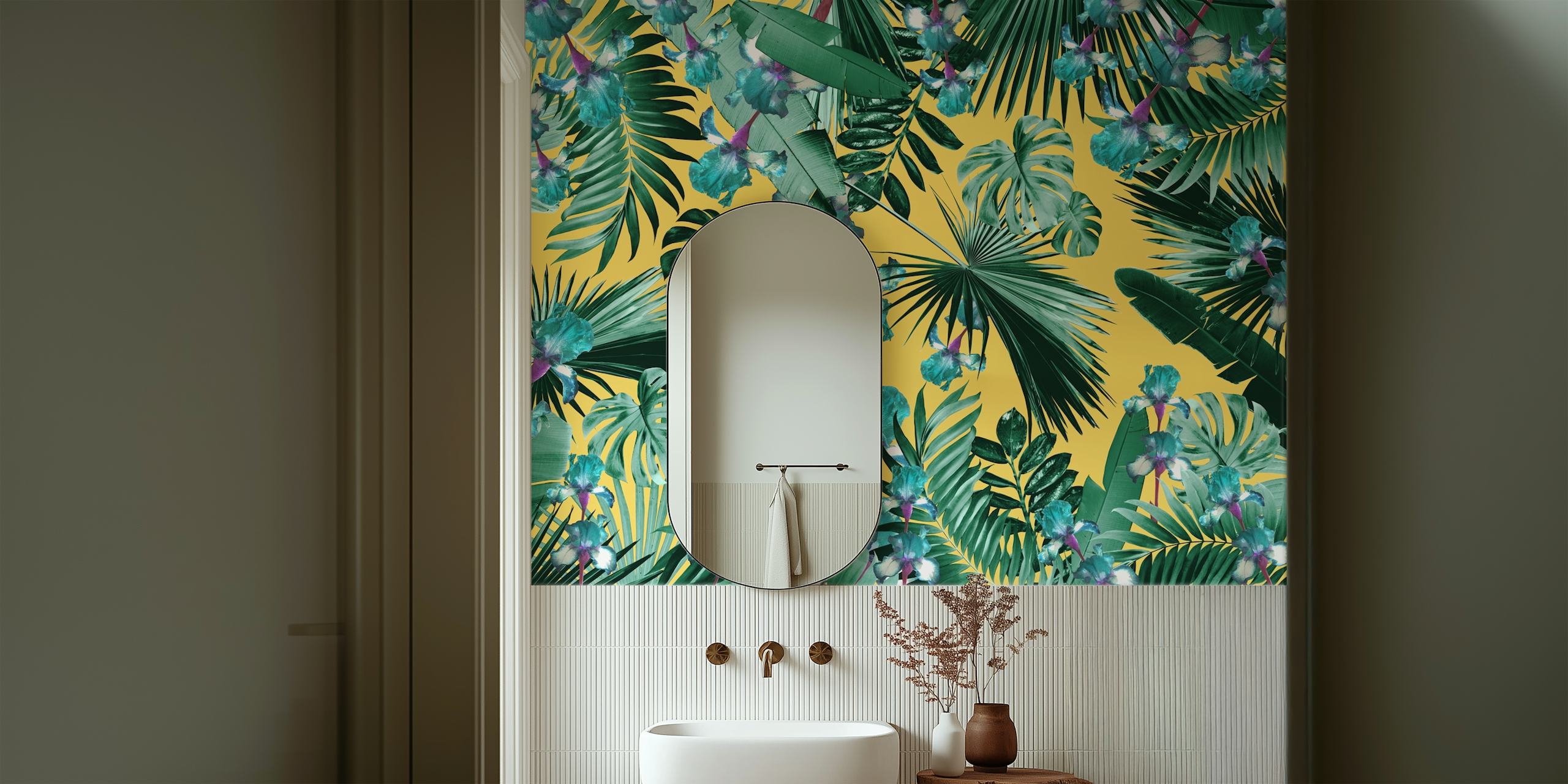 Tropical leaves and colorful flower wallpaper with yellow background