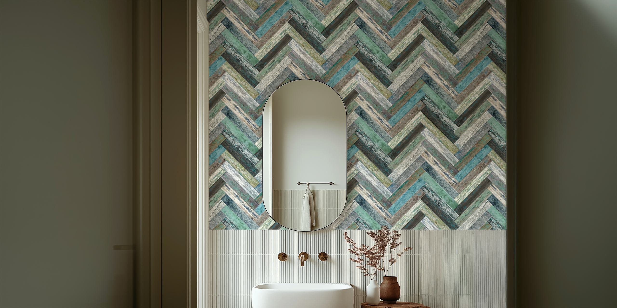 Wandbild „Chevron Wood Green Blue“ mit einem Chevron-Muster in Blau- und Grüntönen.