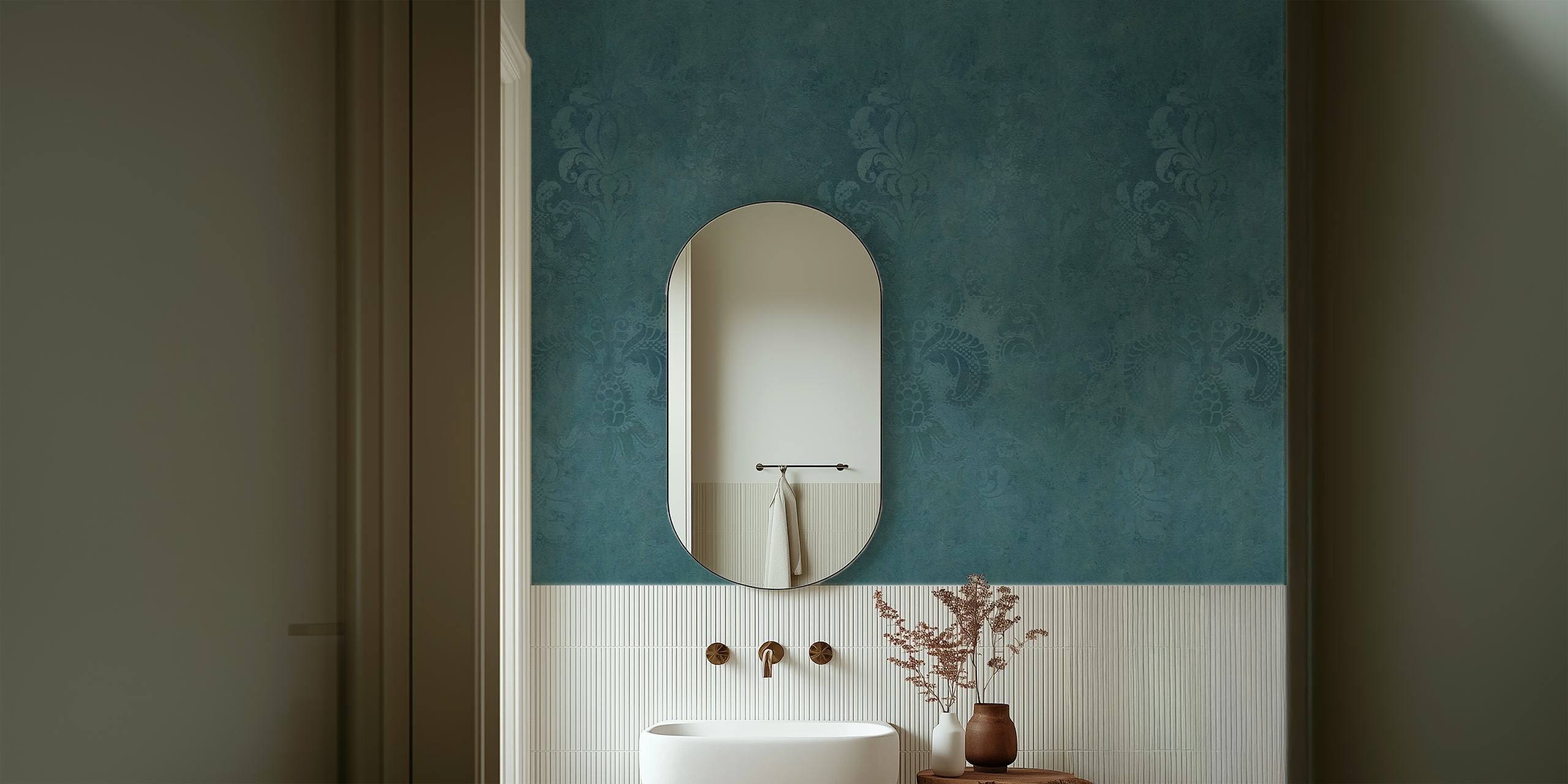 Grunge Damask Teal wallpaper in een kamer