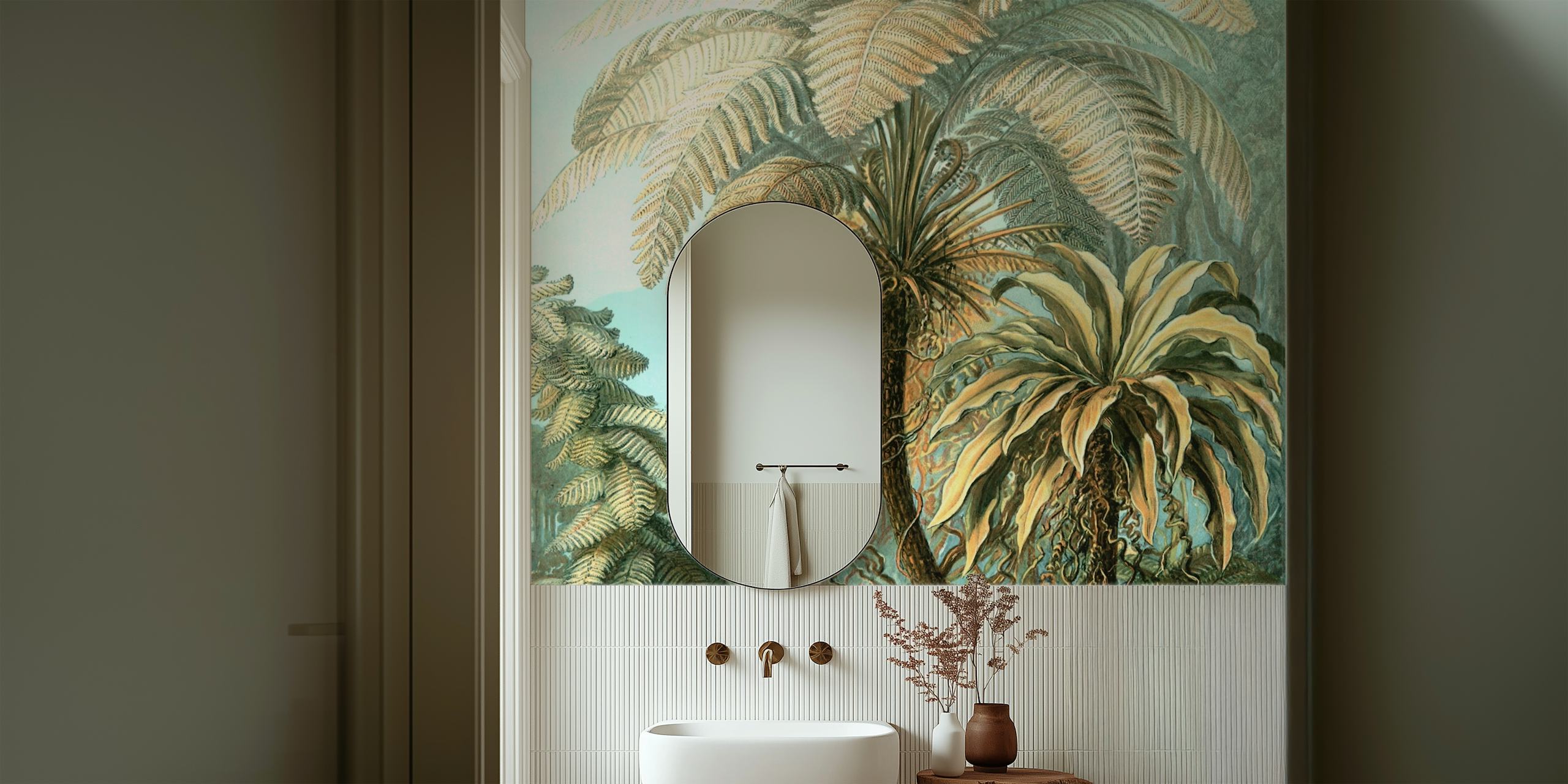 Tropical jungle plants in greens and beiges vintage wallpaper