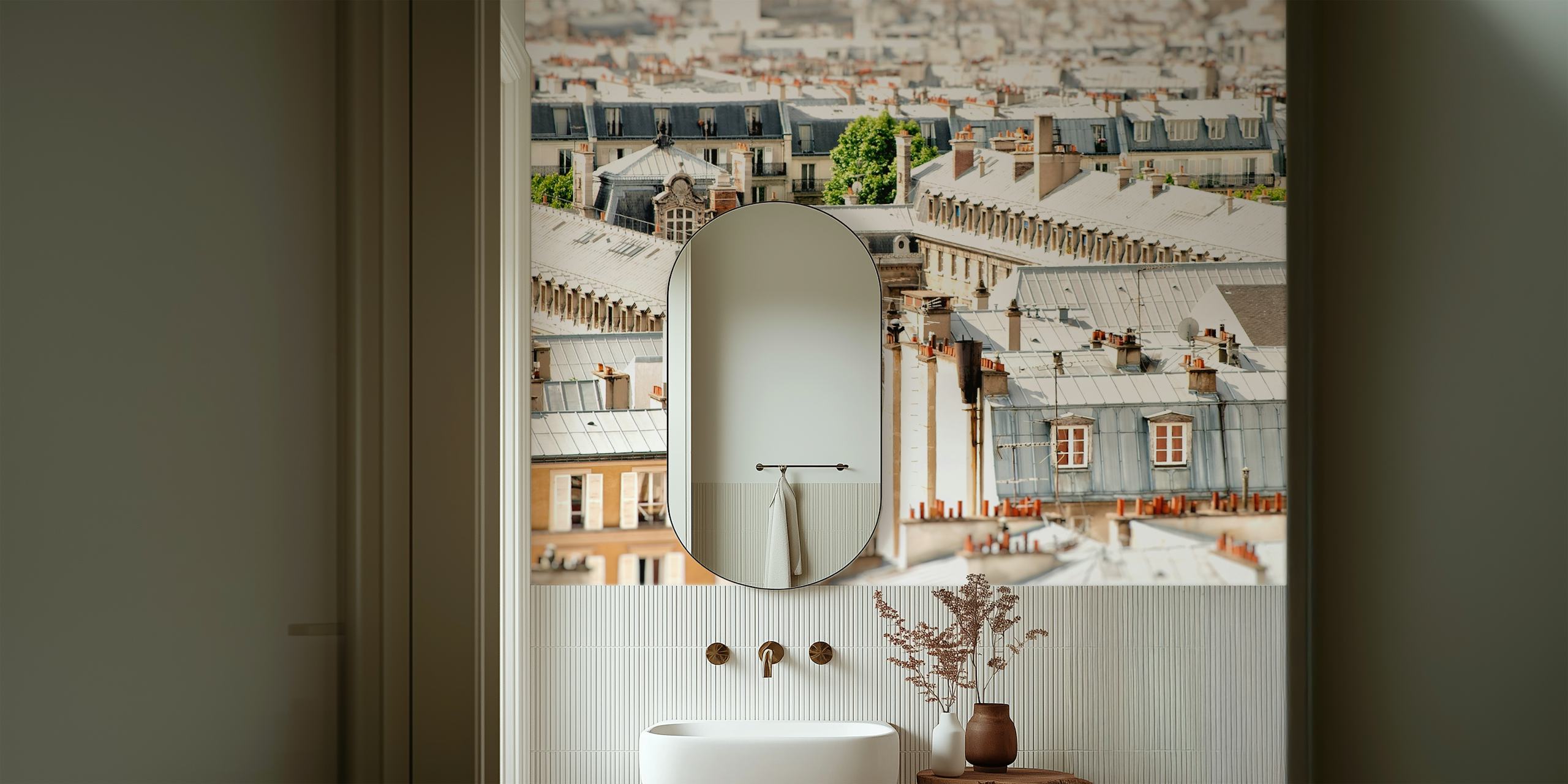 Paris rooftops with beige tones and architectural details wallpaper