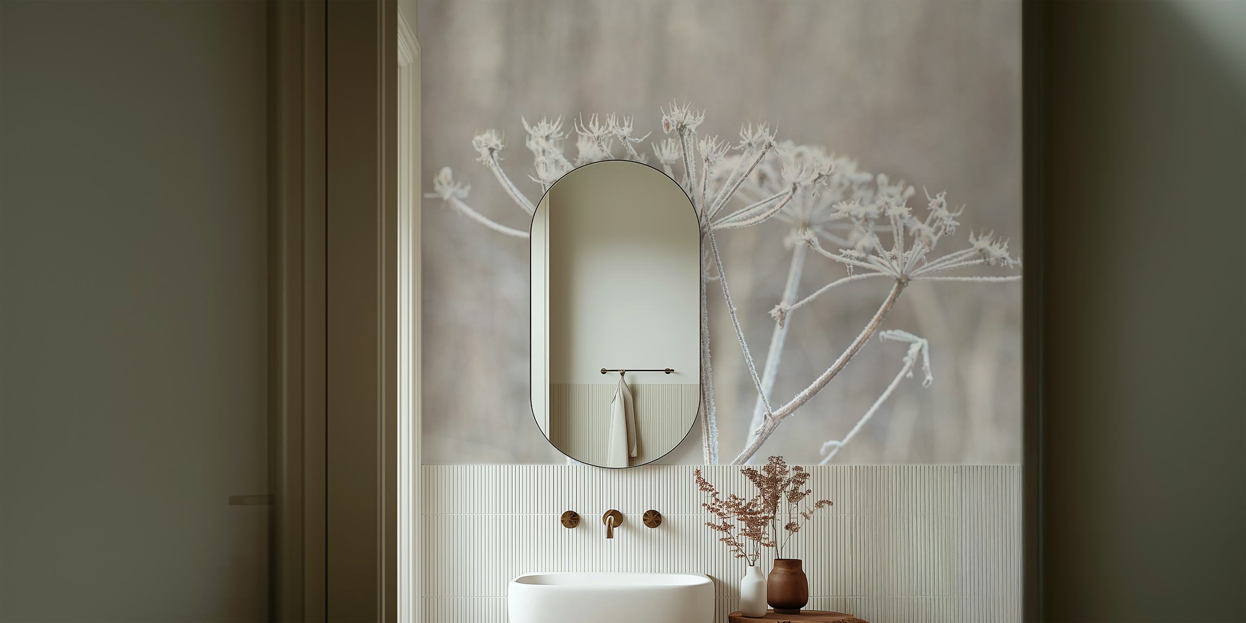 Delicate winter flower silhouette with frost on a muted background