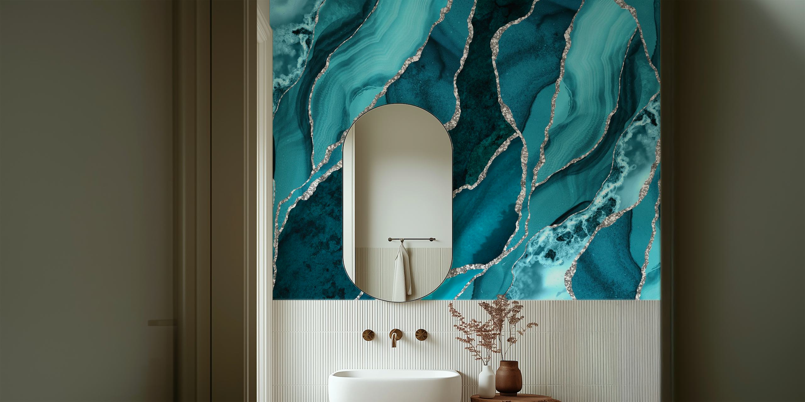 Teal and silver marble wallpaper from Happywall