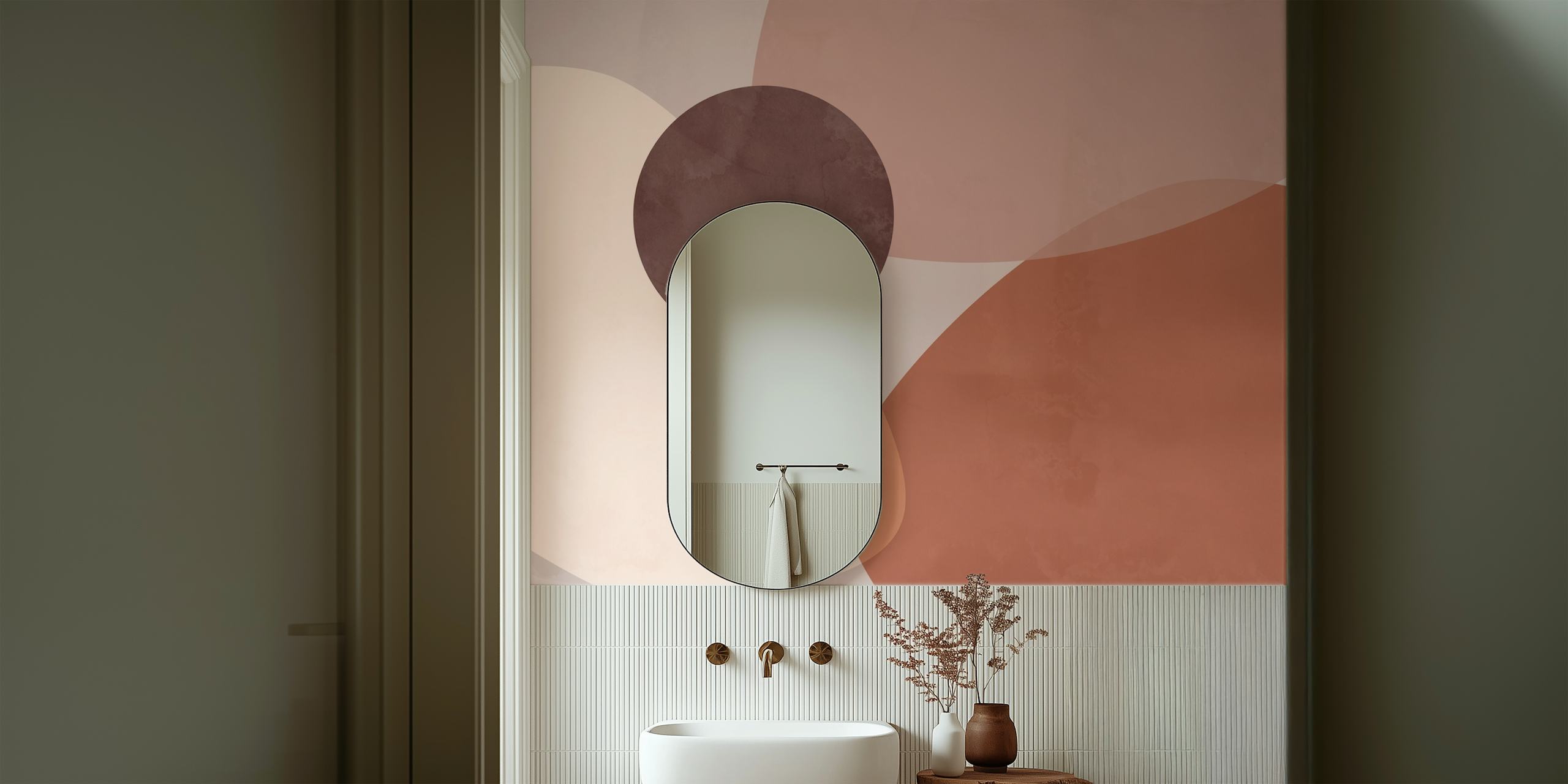 Abstract earth tone shapes in brown, beige, and terracotta wallpaper
