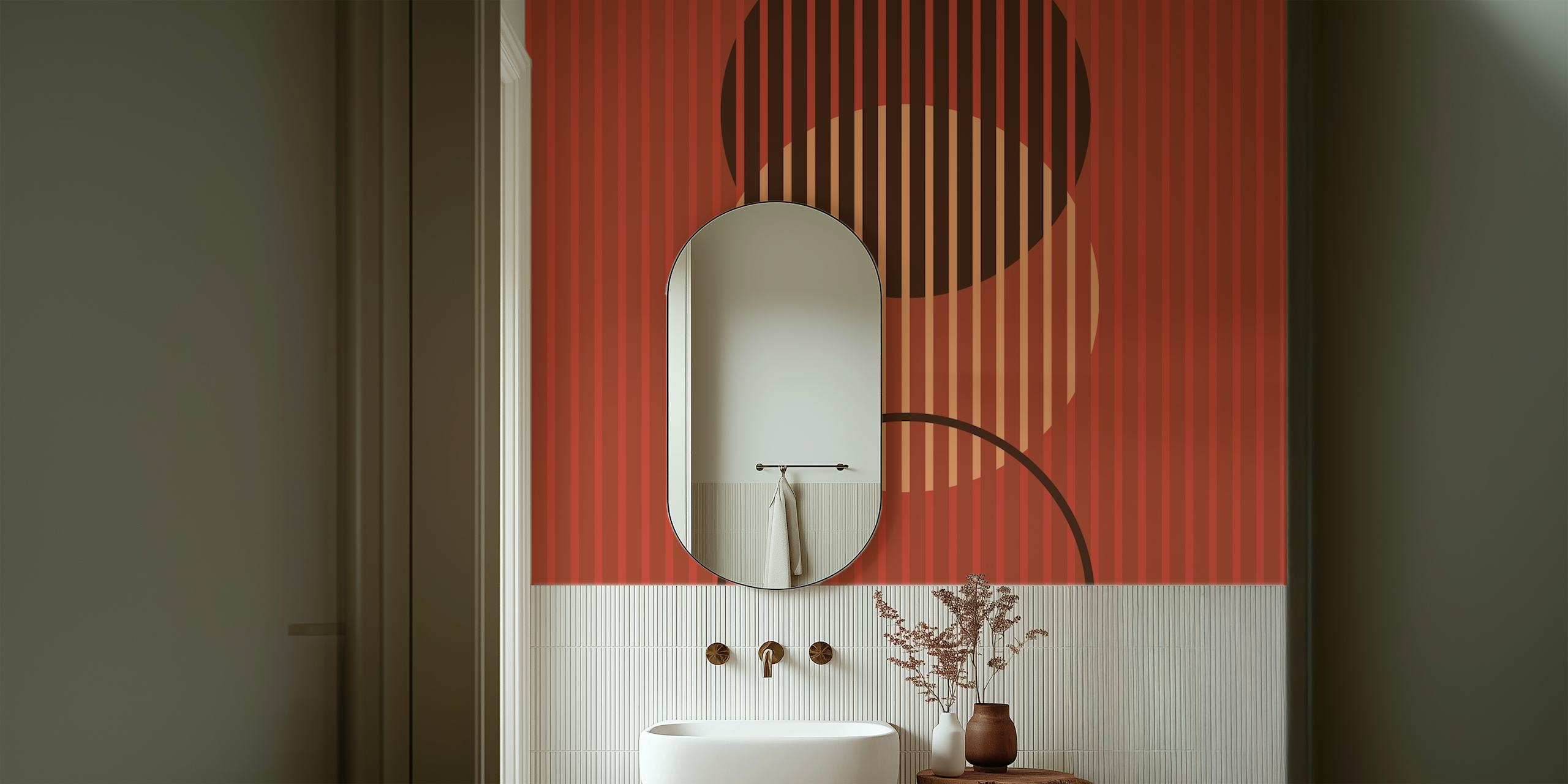 Geometric circles with stripes in burgundy and beige wallpaper