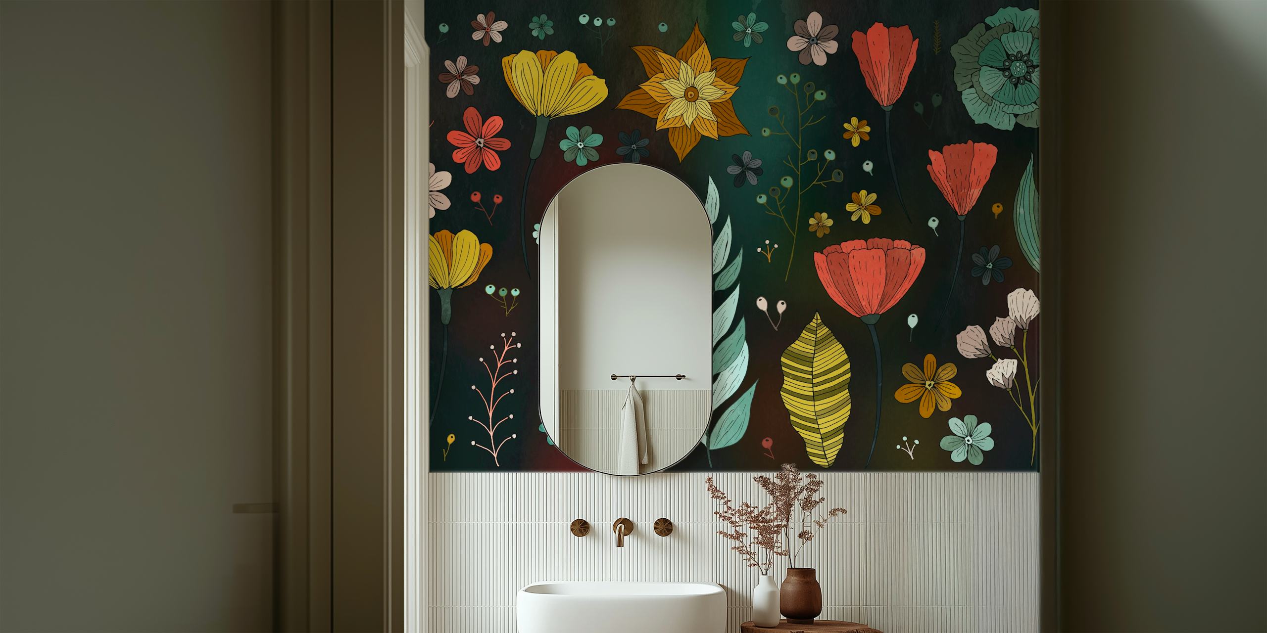 Design de papel de parede floral em uma sala de estar