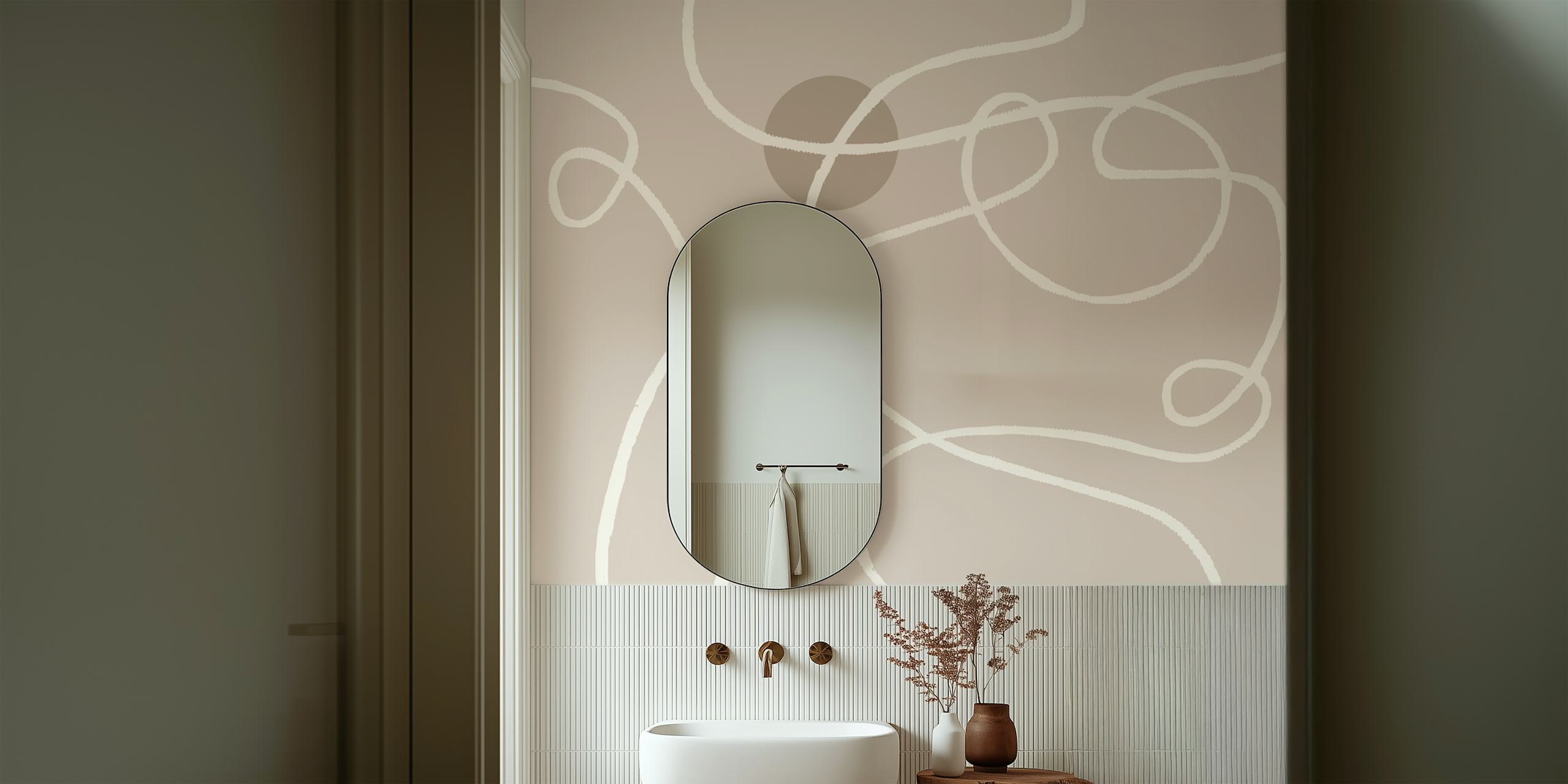 Curved lines in cream and taupe abstract pattern wallpaper