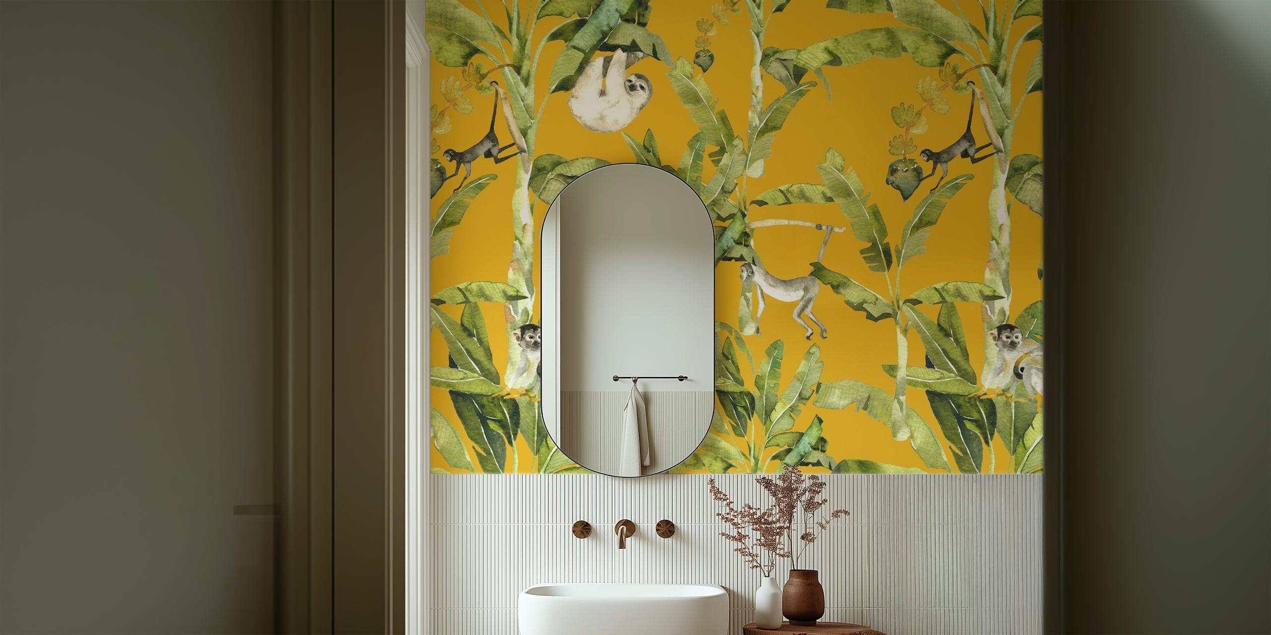 Wild Palm Grove wallpaper with monkeys and plants