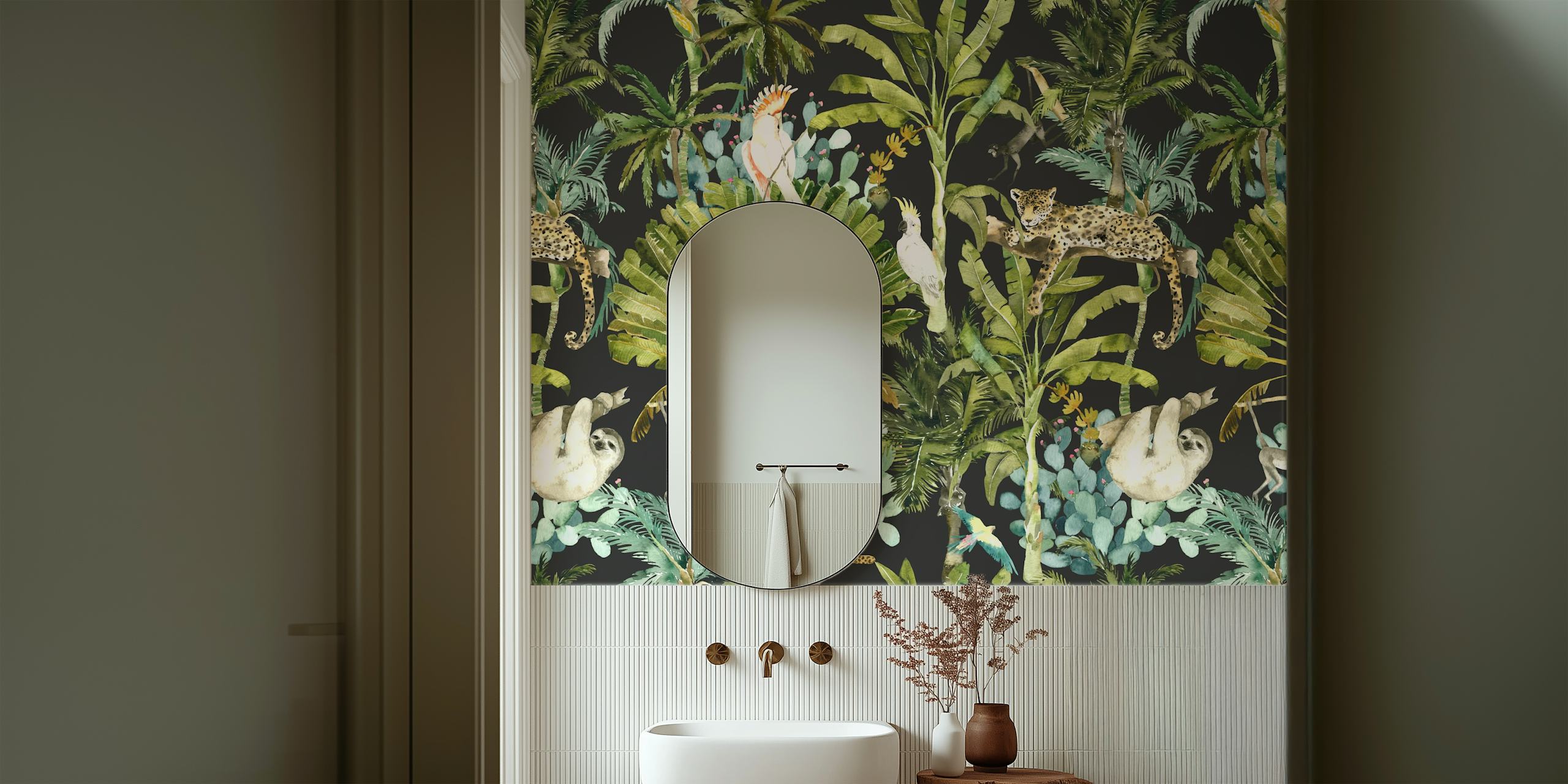 Watercolor rainforest wallpaper with leopards and monkeys