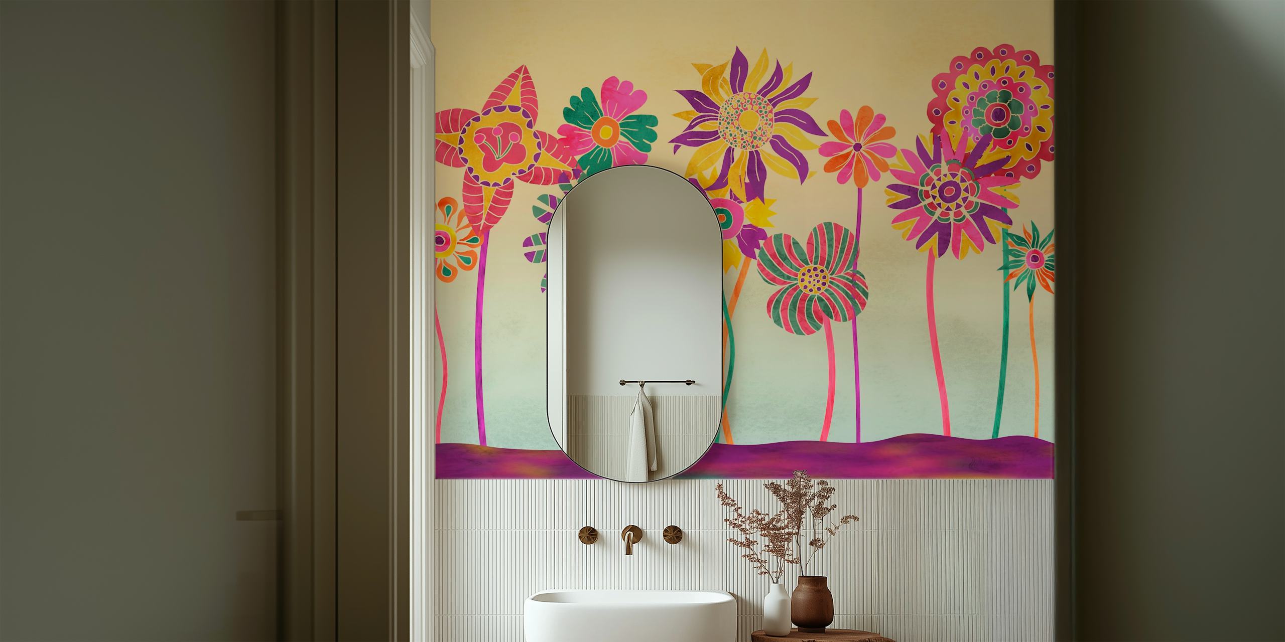 Papel de parede Whimsical Fantasy Flowers em um quarto