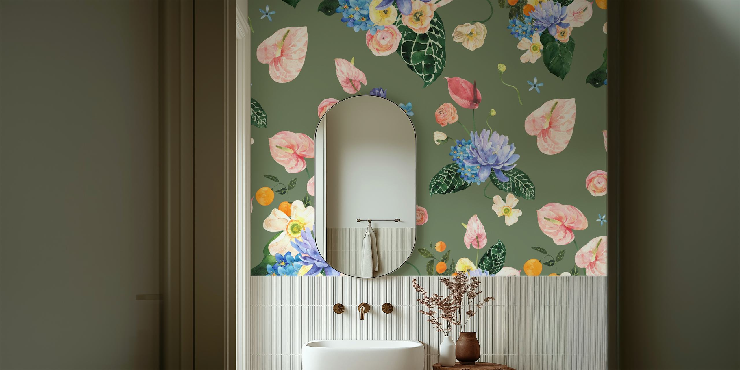 Colorful floral patterns with pink, blue, and yellow flowers on a green background wallpaper