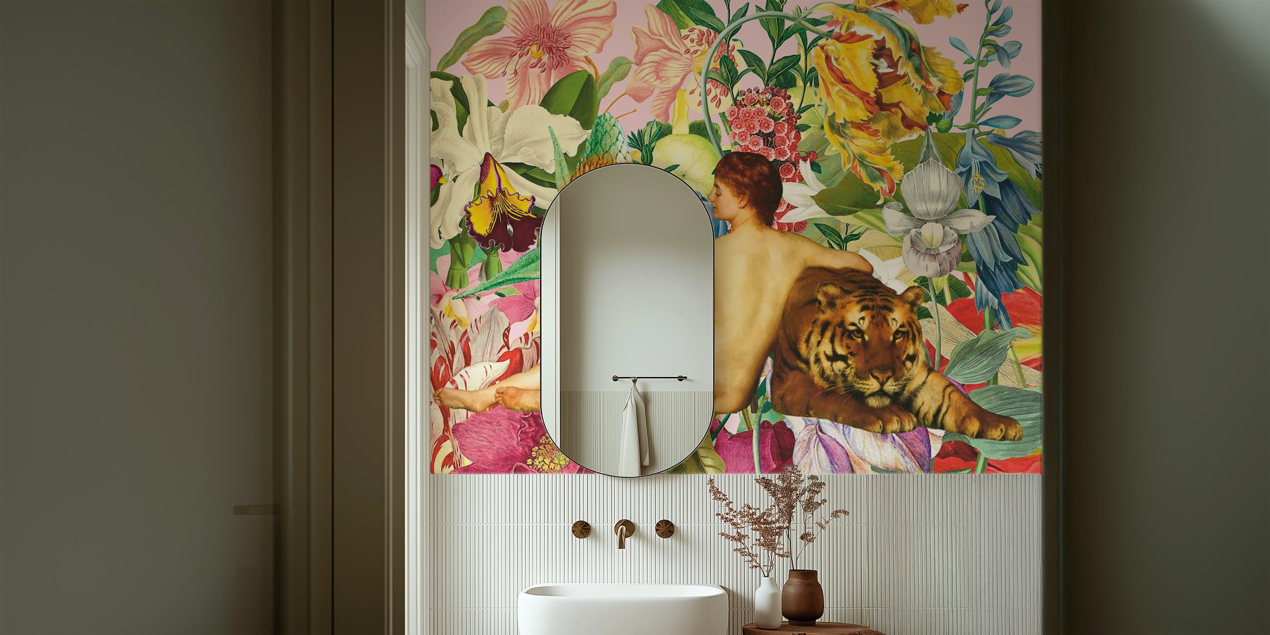 Floral wallpaper with a woman and tiger featuring vibrant flowers on pink background